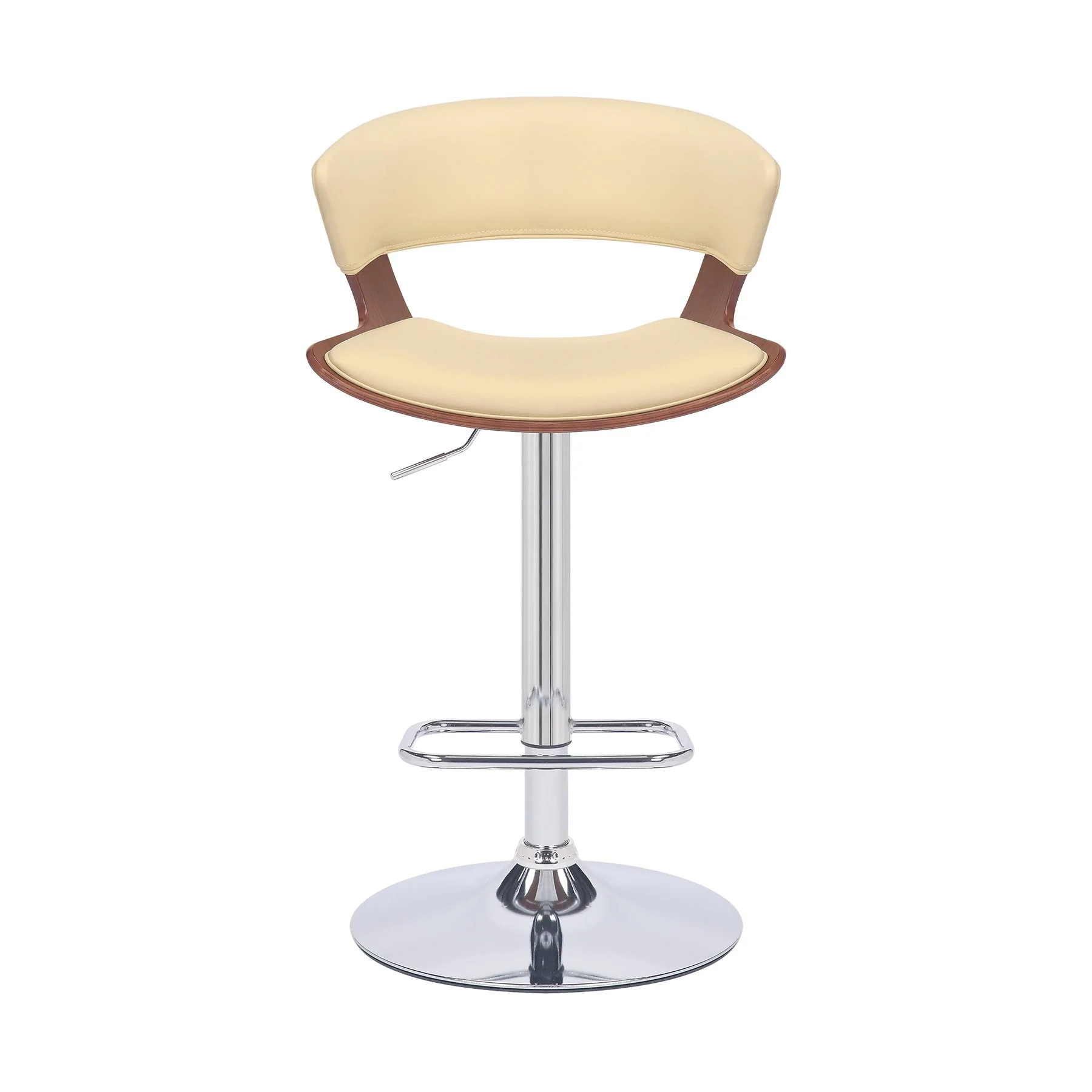 Karine Adjustable Swivel Cream Faux Leather and Walnut Wood Bar Stool with Chrome Base - Image 2