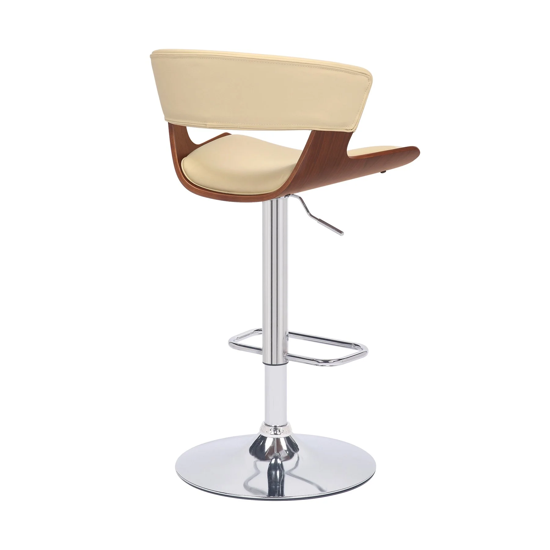 Karine Adjustable Swivel Cream Faux Leather and Walnut Wood Bar Stool with Chrome Base - Image 4