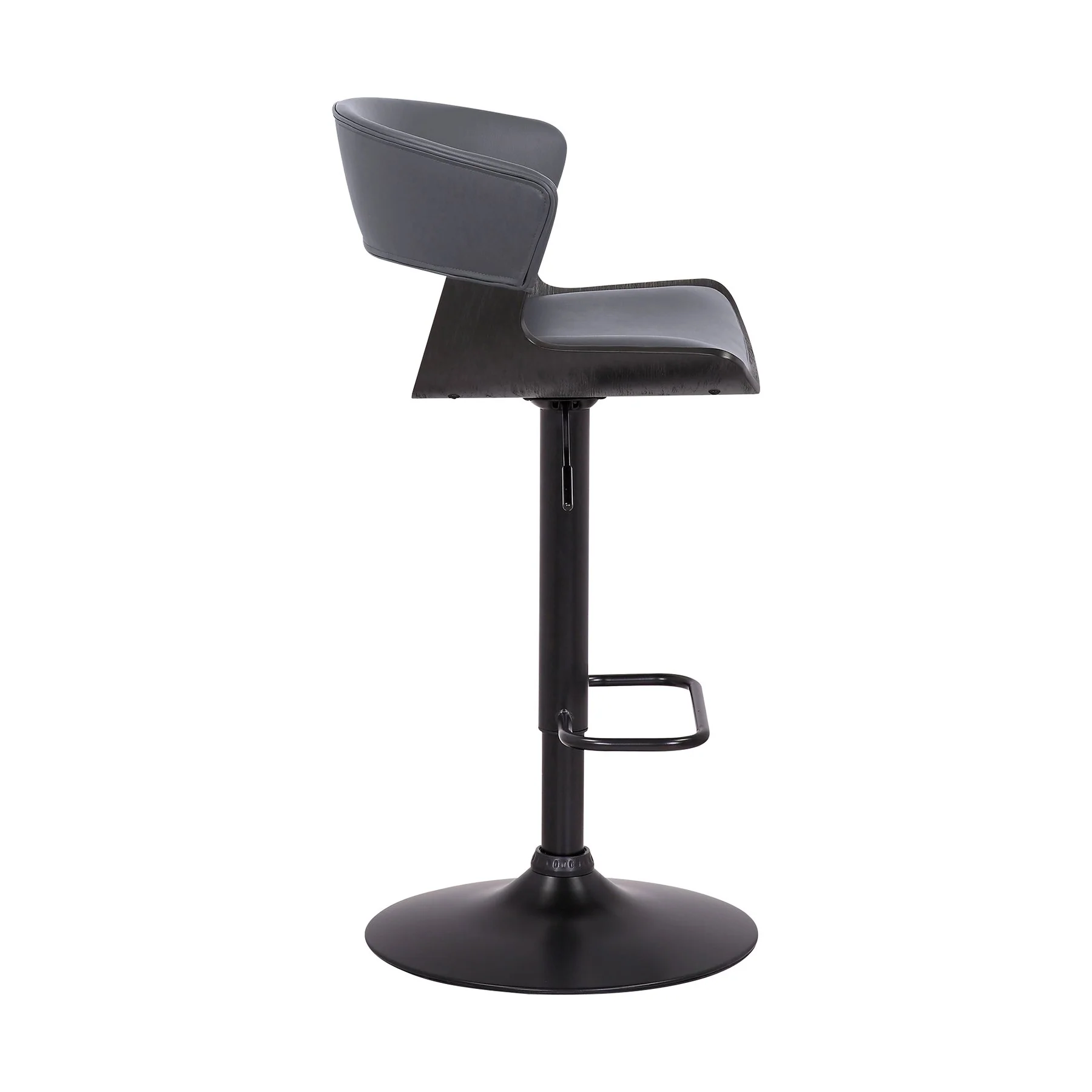 Karine Adjustable Swivel Gray Faux Leather and Black Wood Bar Stool with Black Base - Image 3