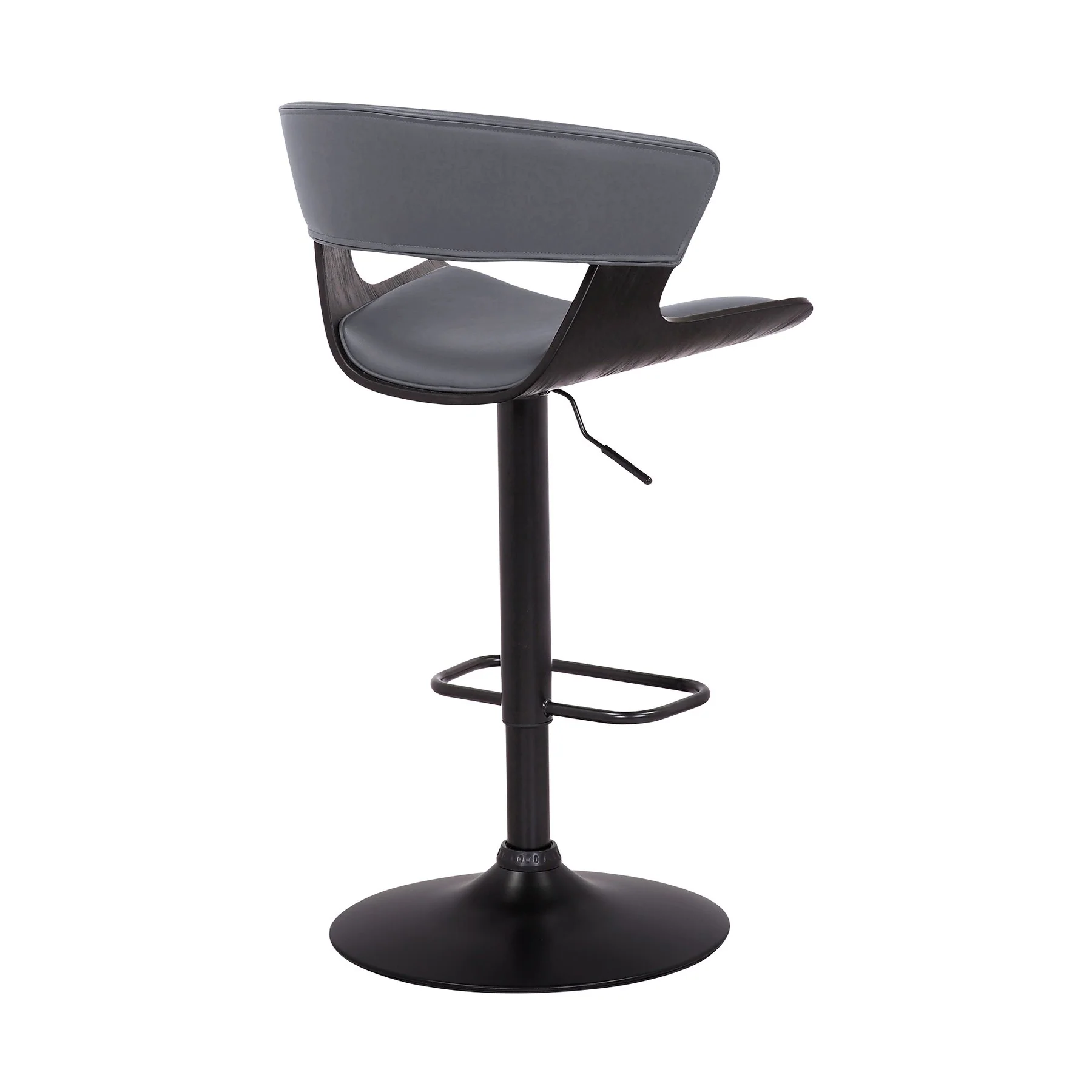 Karine Adjustable Swivel Gray Faux Leather and Black Wood Bar Stool with Black Base - Image 4
