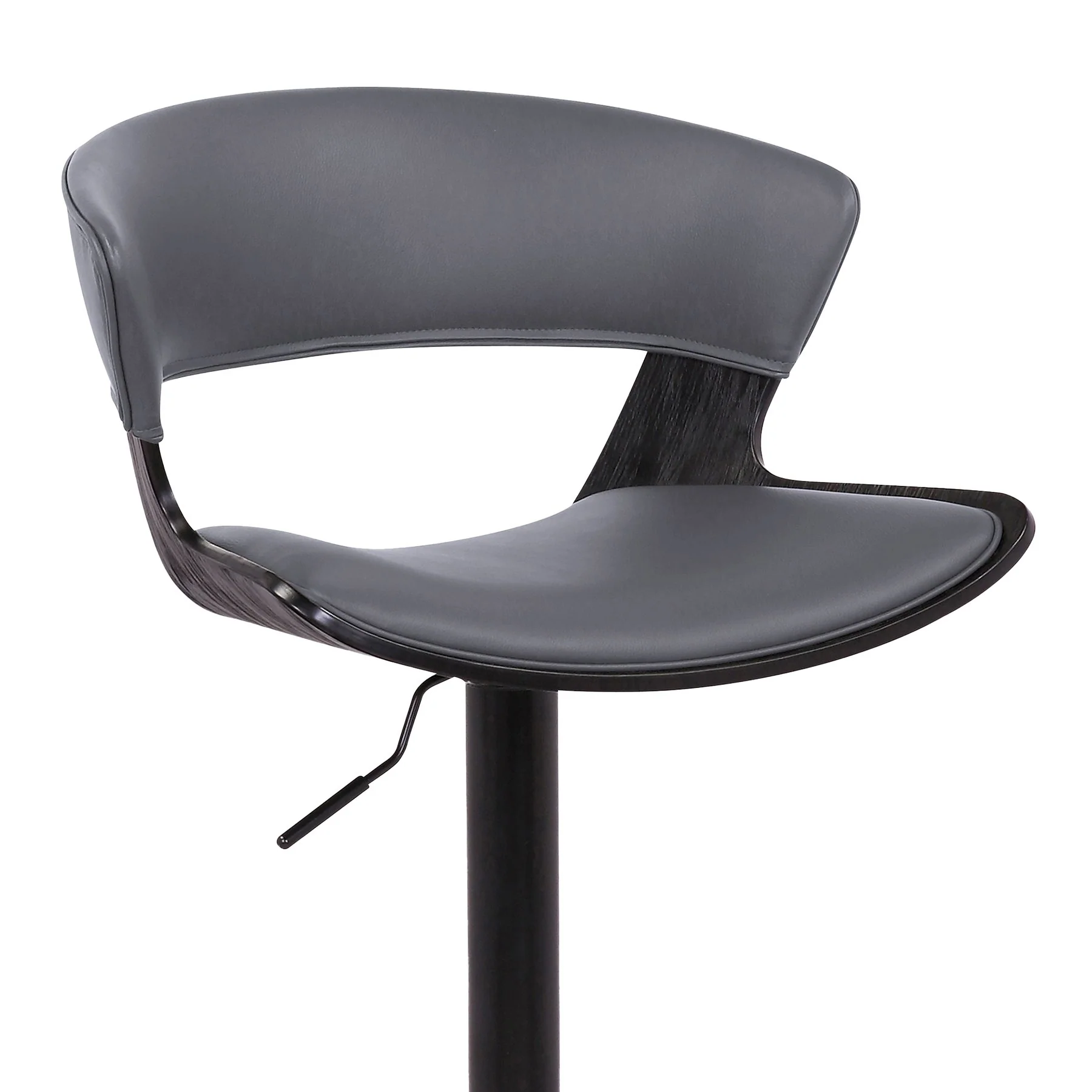 Karine Adjustable Swivel Gray Faux Leather and Black Wood Bar Stool with Black Base - Image 6
