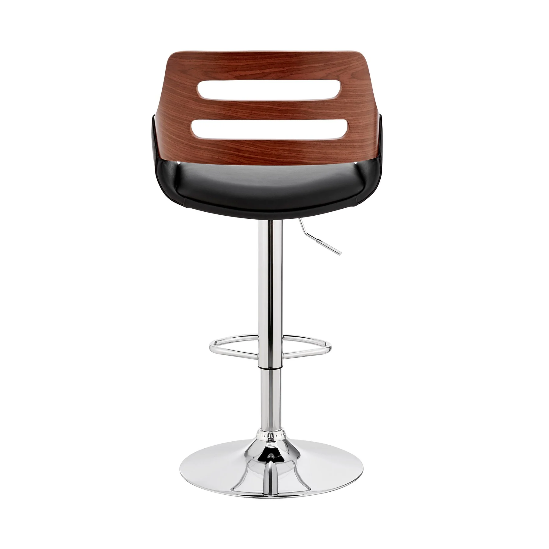 Karter Adjustable Black Faux Leather and Walnut Wood Bar Stool with Chrome Base - Image 5