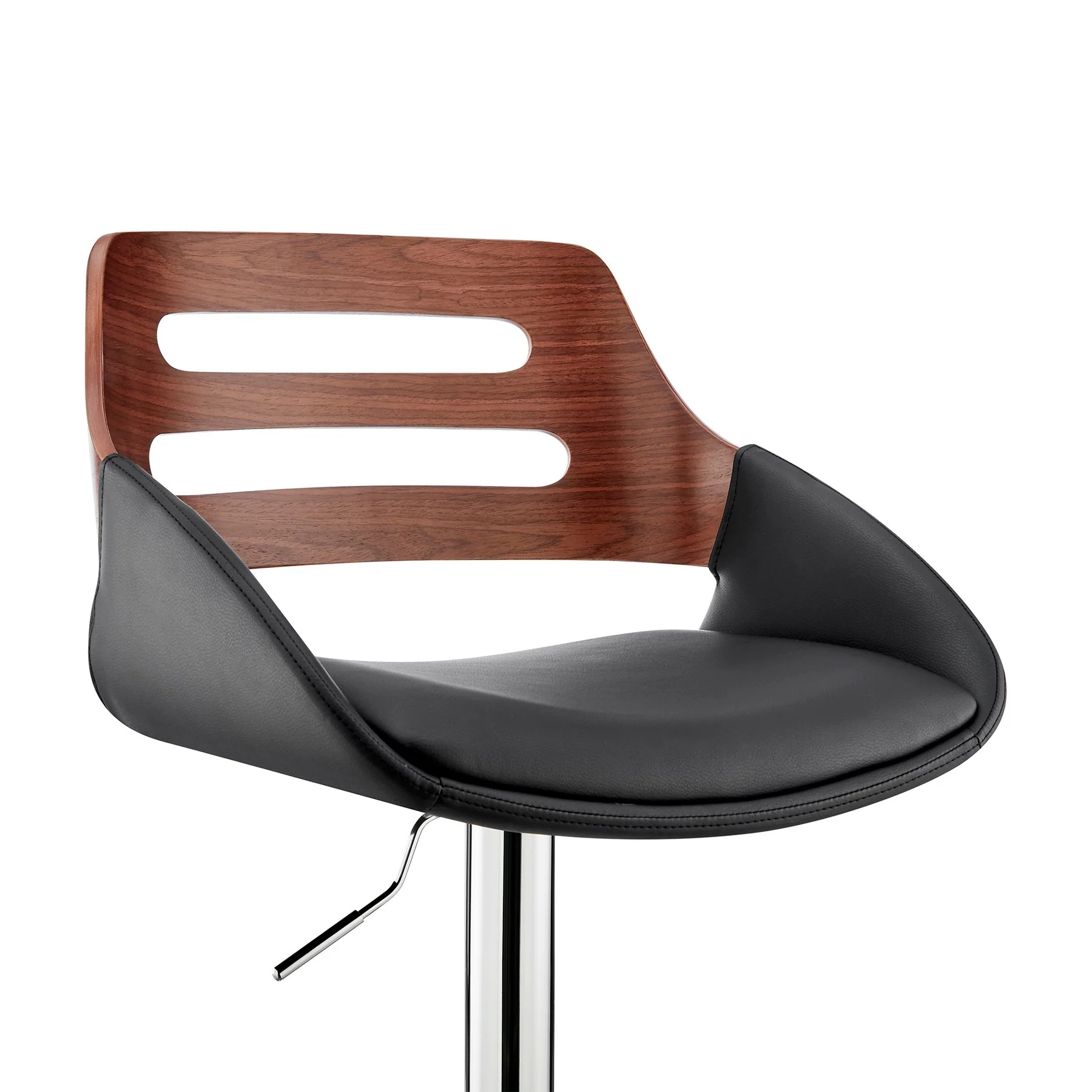 Karter Adjustable Black Faux Leather and Walnut Wood Bar Stool with Chrome Base - Image 6