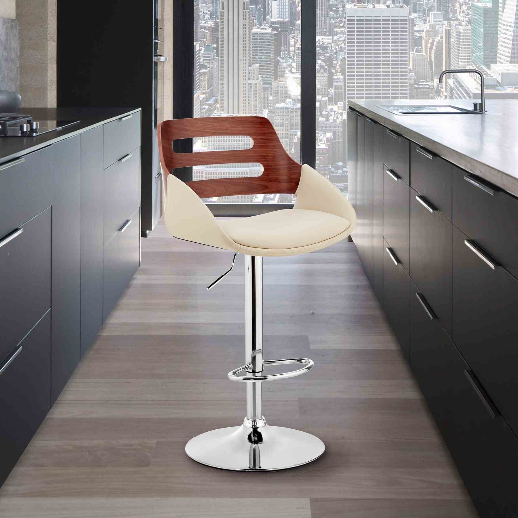 Karter Adjustable Cream Faux Leather and Walnut Wood Bar Stool with Chrome Base - Image 10