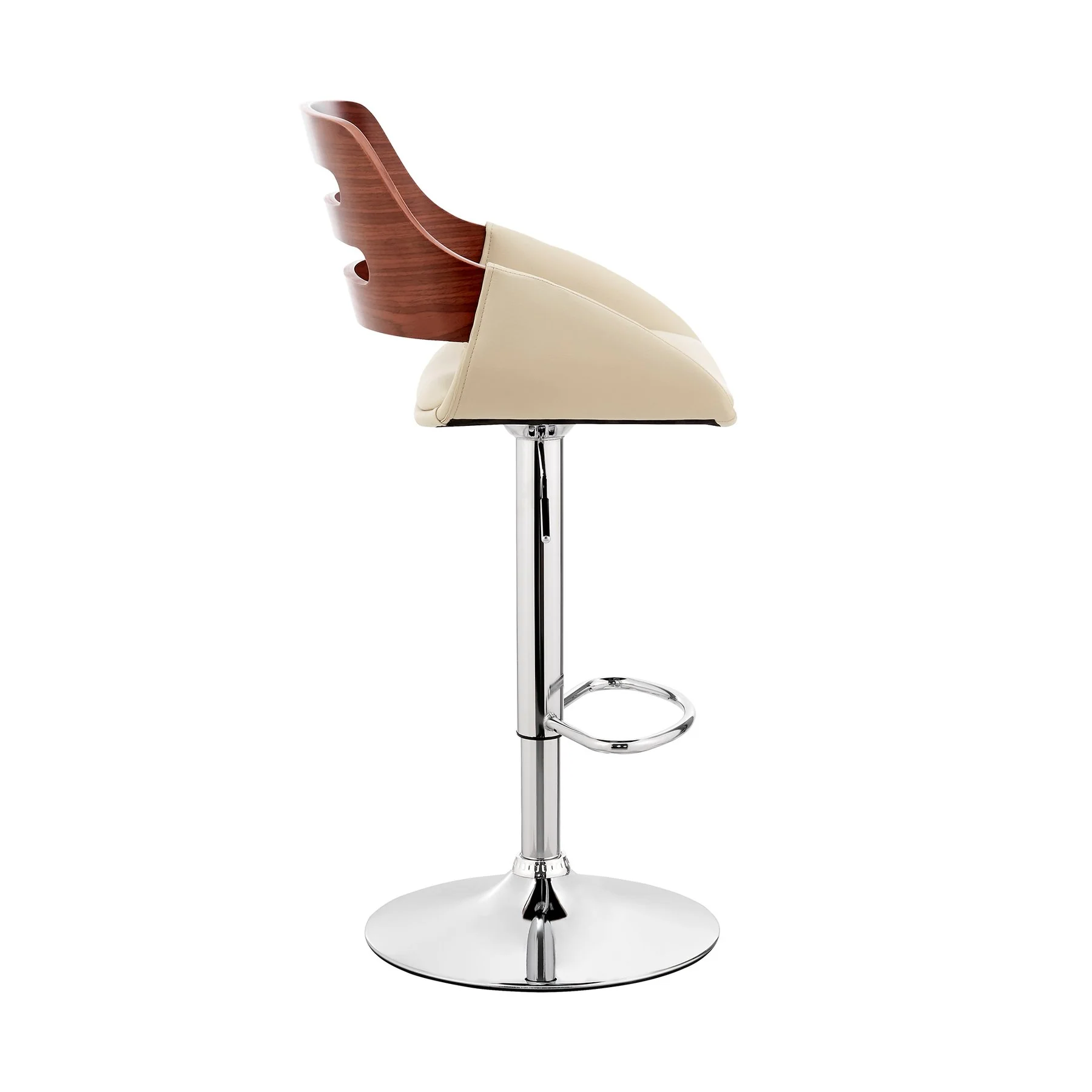 Karter Adjustable Cream Faux Leather and Walnut Wood Bar Stool with Chrome Base - Image 3