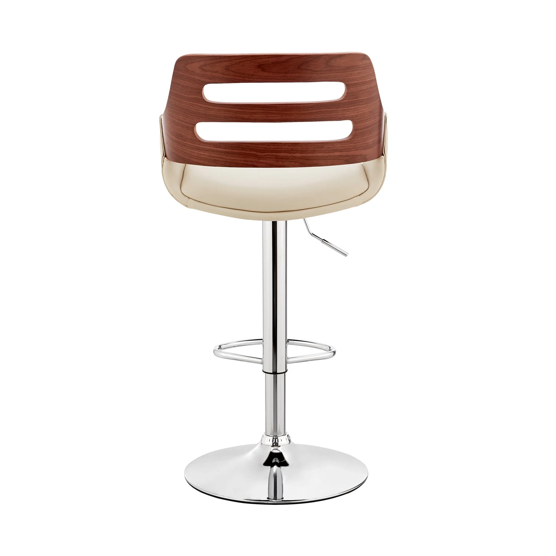 Karter Adjustable Cream Faux Leather and Walnut Wood Bar Stool with Chrome Base - Image 5