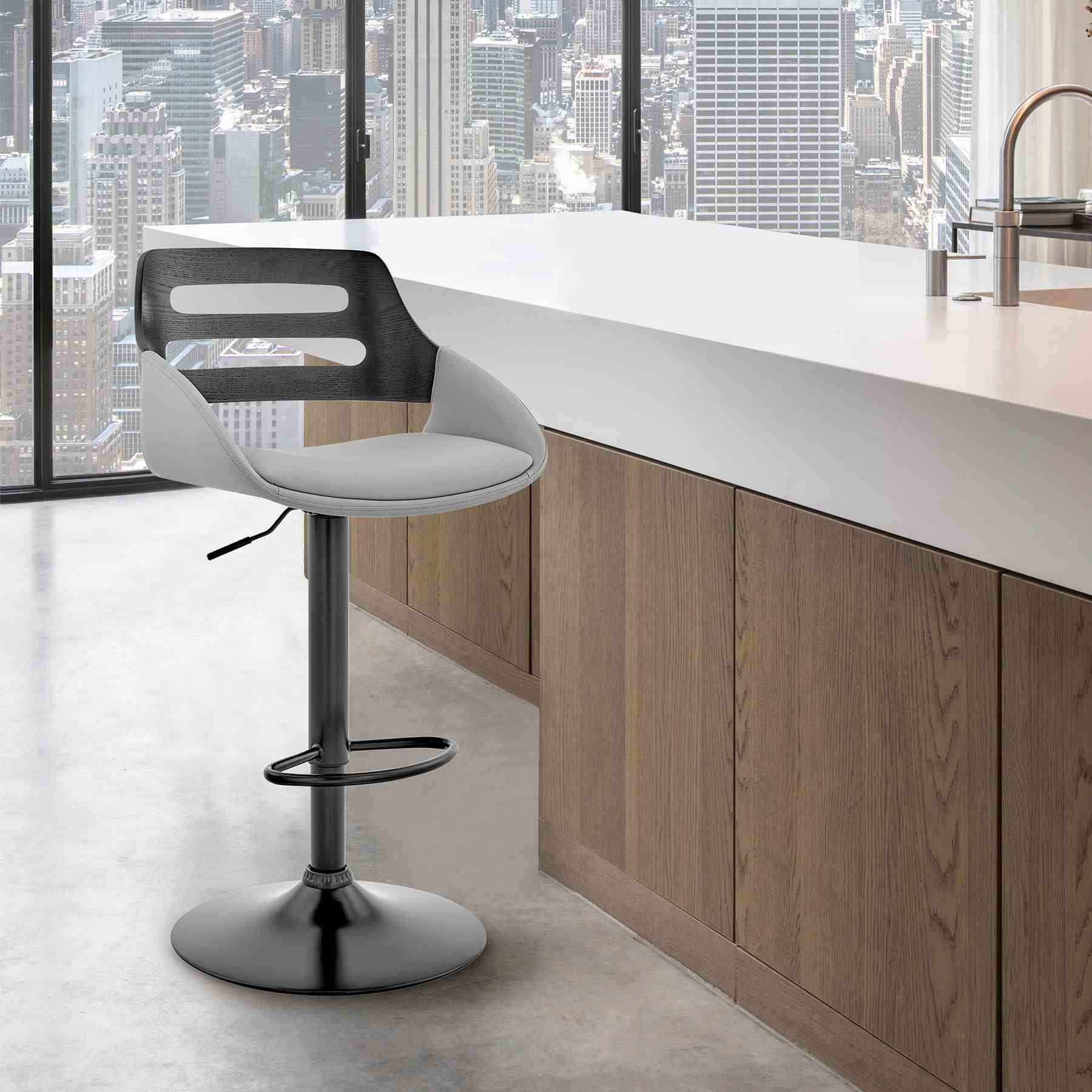 Karter Adjustable Gray Faux Leather and Black Wood Bar Stool with Black Base - Image 10