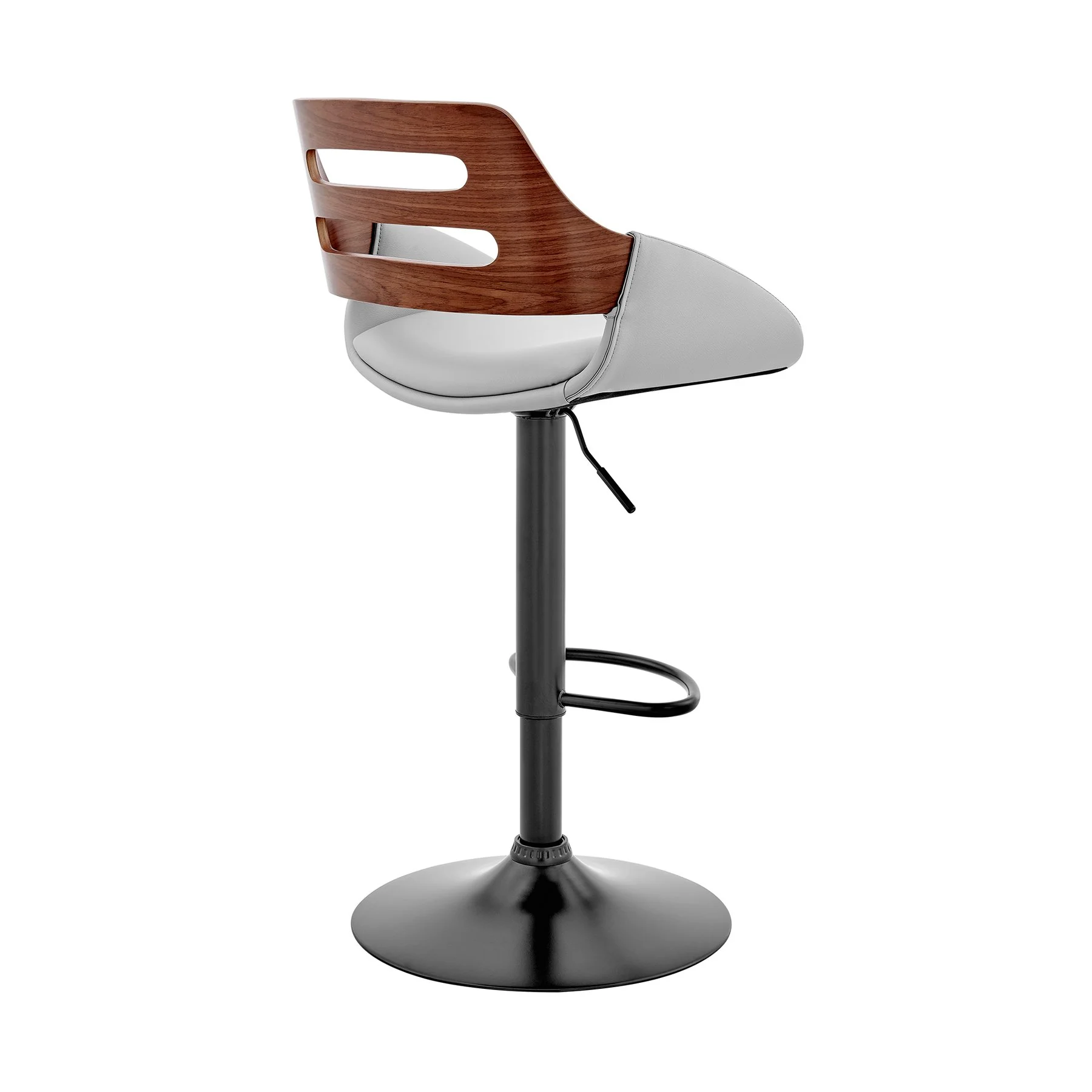 Karter Adjustable Gray Faux Leather and Walnut Wood Bar Stool with Black Base - Image 4