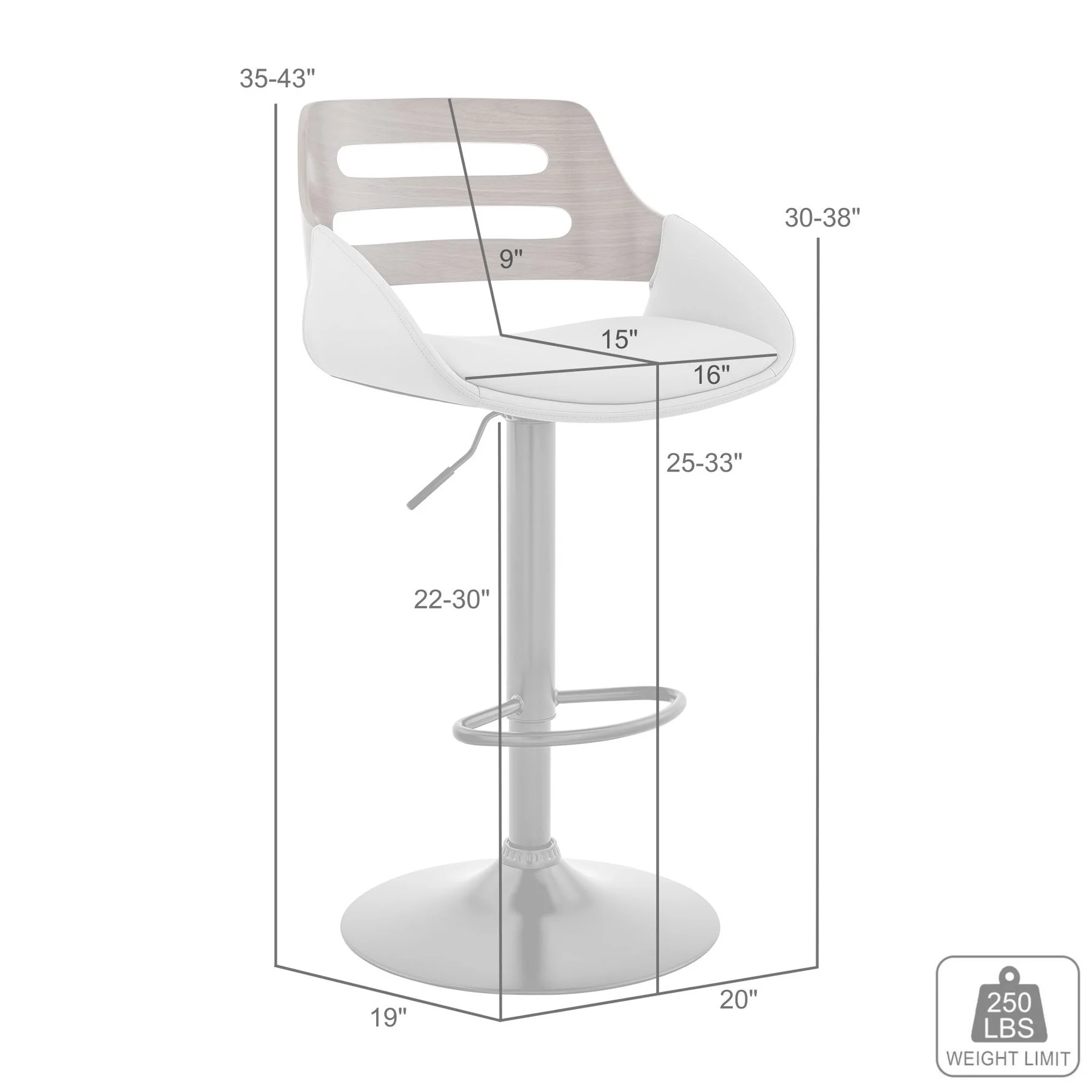 Karter Adjustable Gray Faux Leather and Walnut Wood Bar Stool with Black Base - Image 9