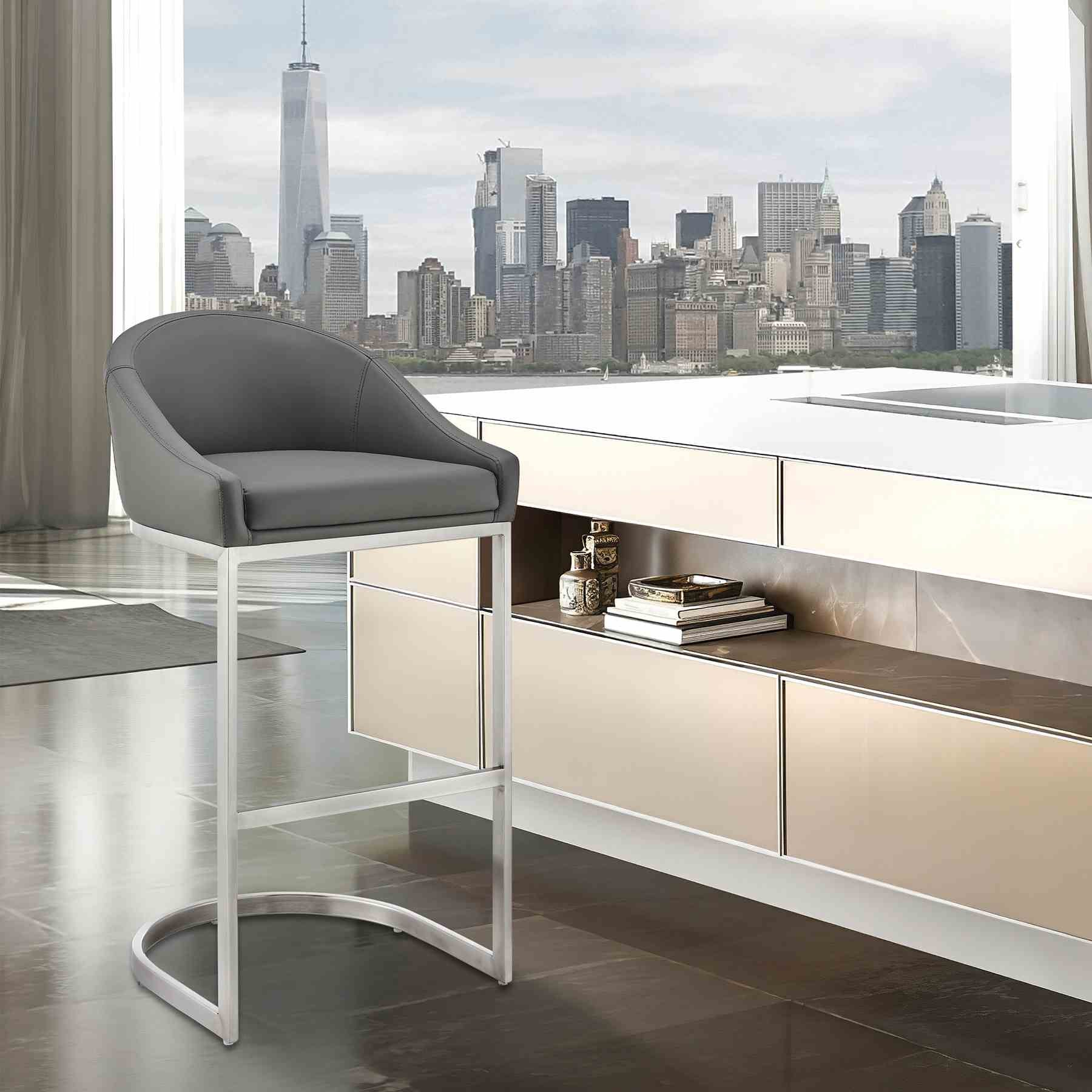 Katherine 26" Counter Stool in Brushed Stainless Steel with Gray Faux Leather - Image 10