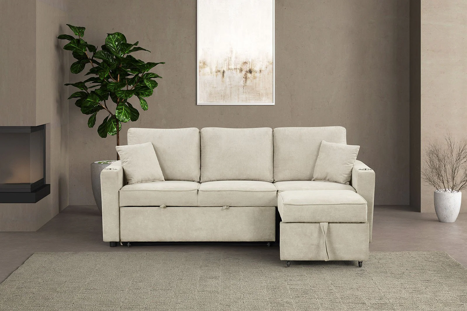 Kendal Sleeper Sofa Sectional w/ Cupholder, Beige - Image 2