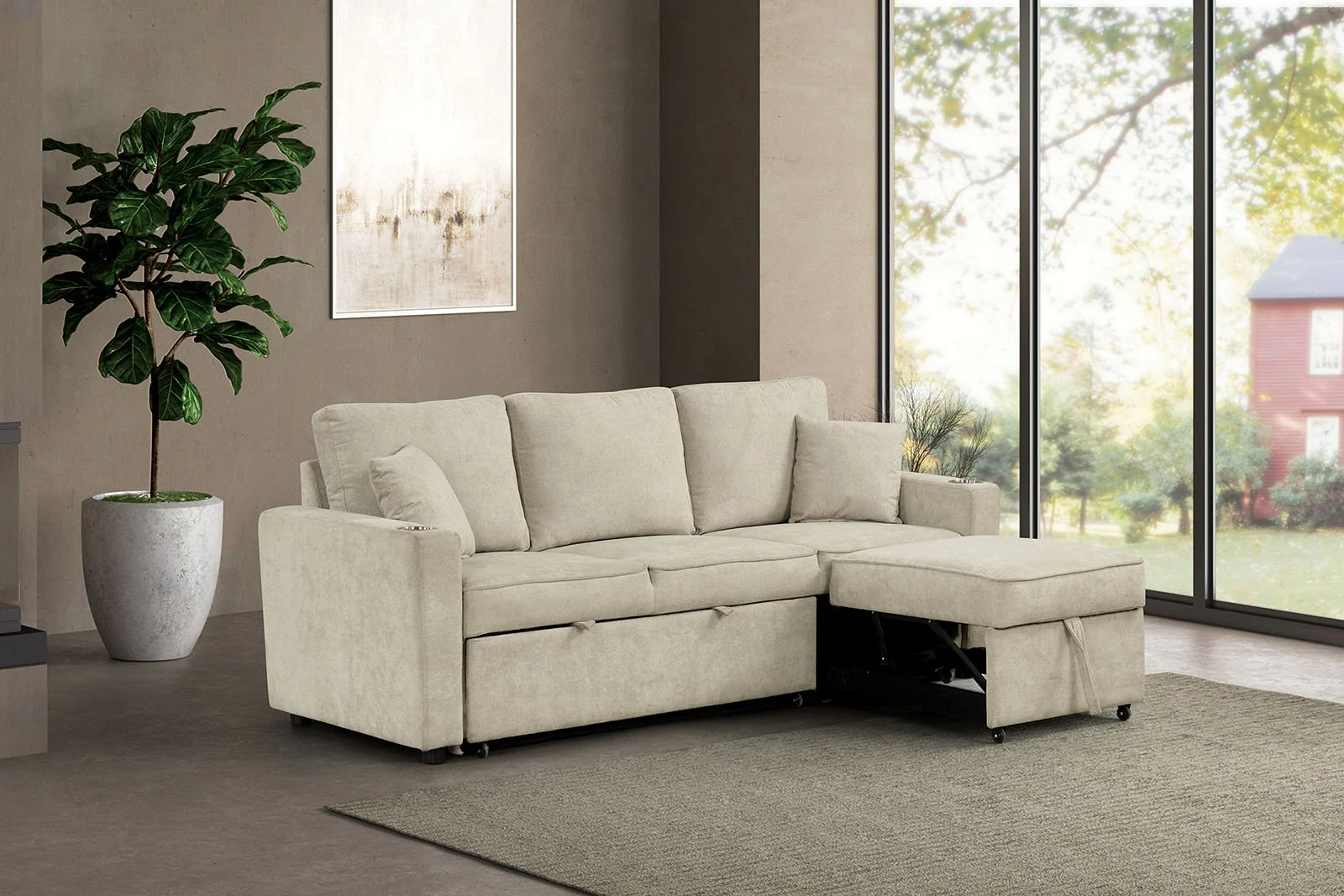 Kendal Sleeper Sofa Sectional w/ Cupholder, Beige - Image 3