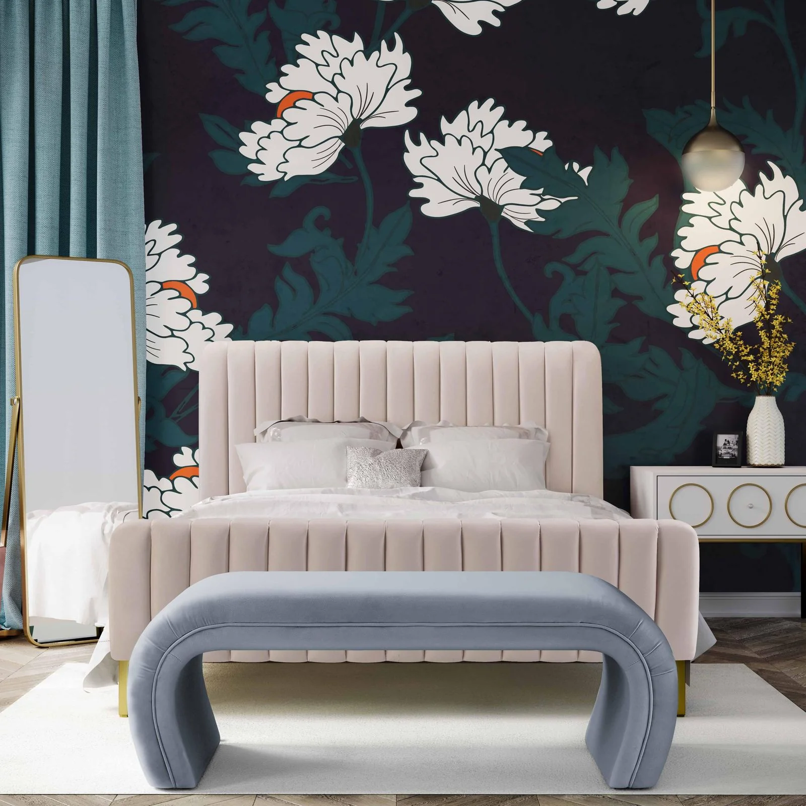 Kenya Sea Blue Velvet Bench - Image 2