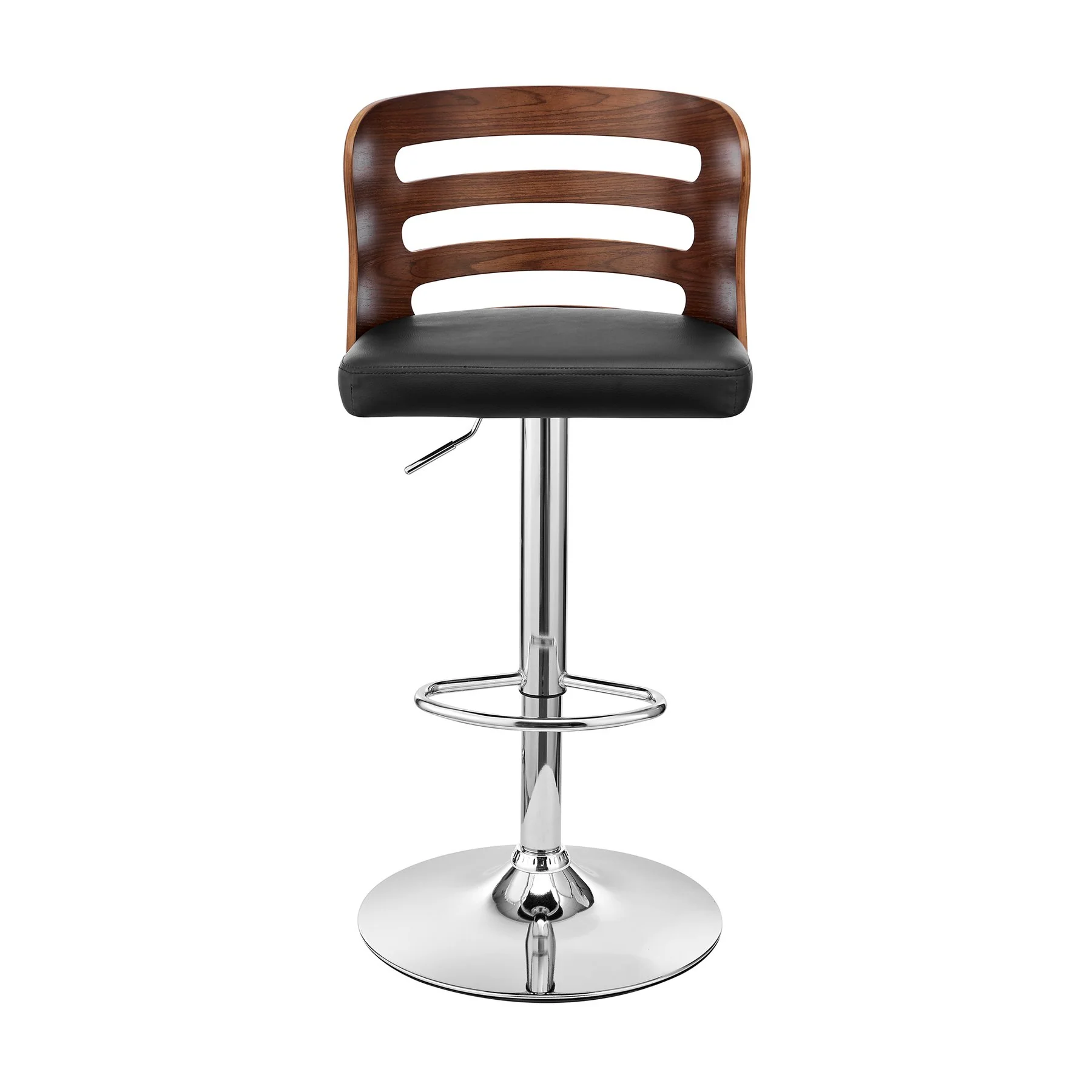 Khalia Adjustable Swivel Black Faux Leather and Walnut Wood Bar Stool with Chrome Base - Image 2