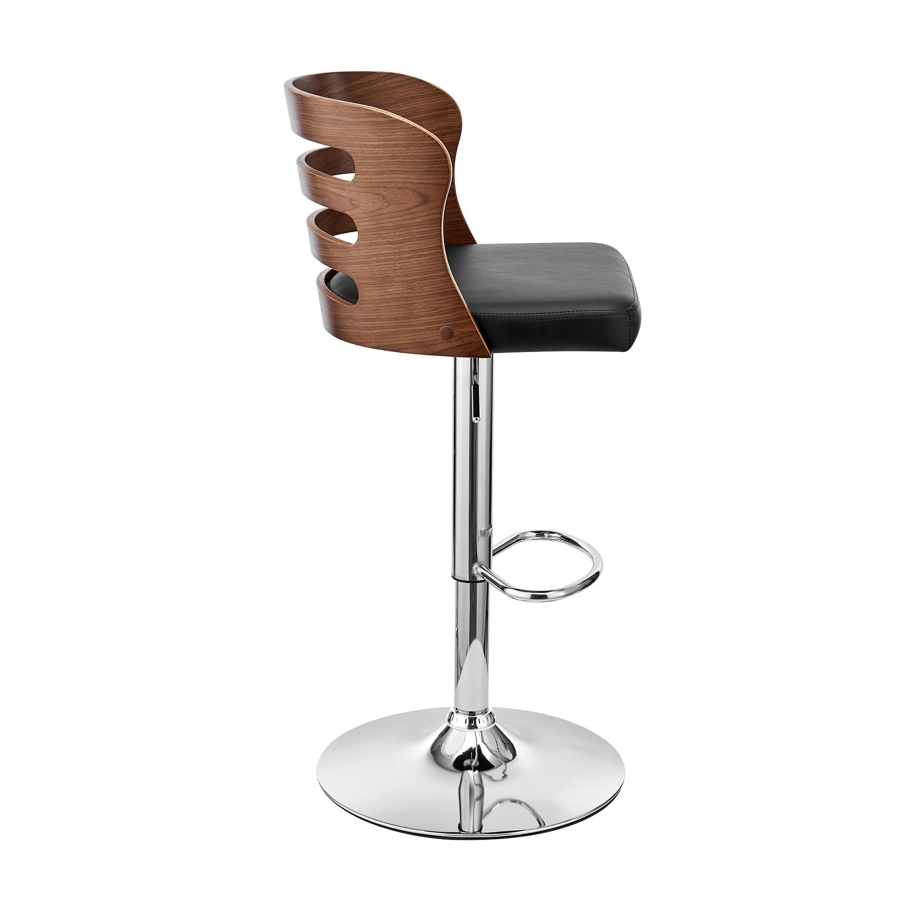 Khalia Adjustable Swivel Black Faux Leather and Walnut Wood Bar Stool with Chrome Base - Image 3