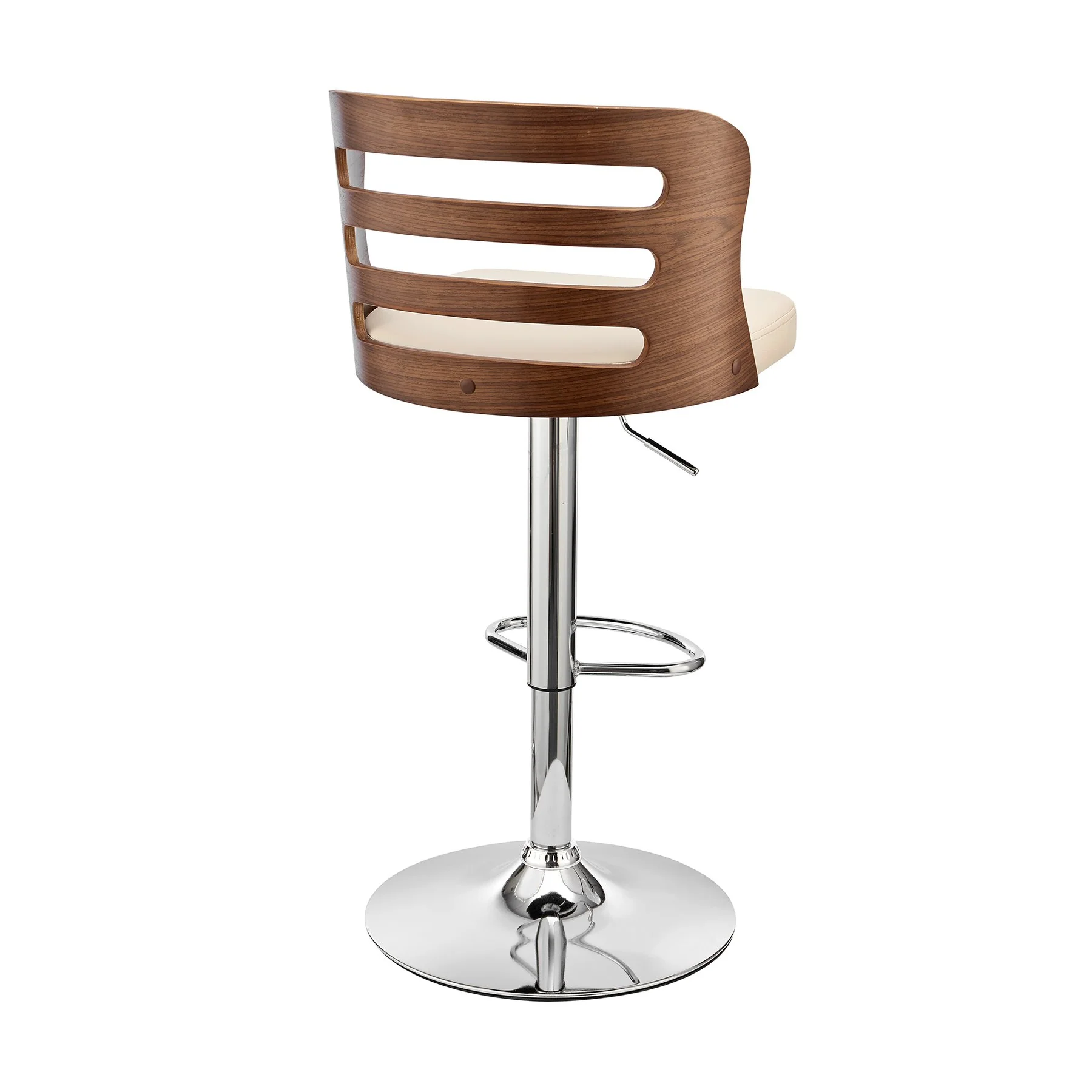 Khalia Adjustable Swivel Cream Faux Leather and Walnut Wood Bar Stool with Chrome Base - Image 4