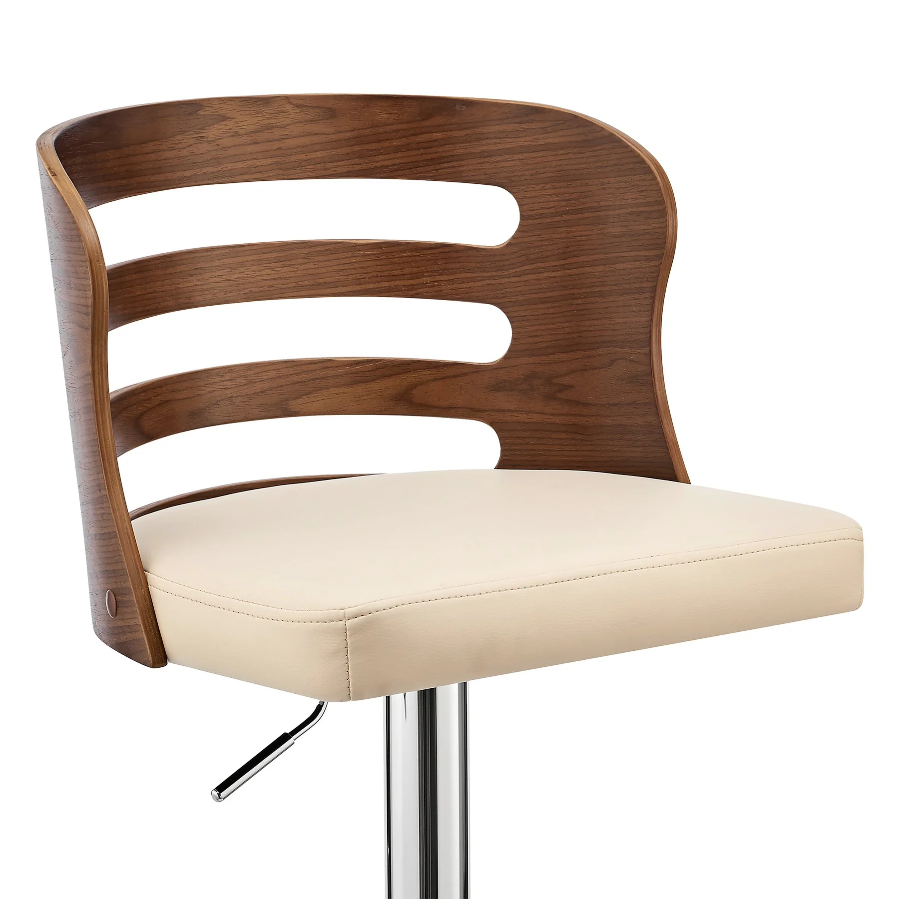 Khalia Adjustable Swivel Cream Faux Leather and Walnut Wood Bar Stool with Chrome Base - Image 6