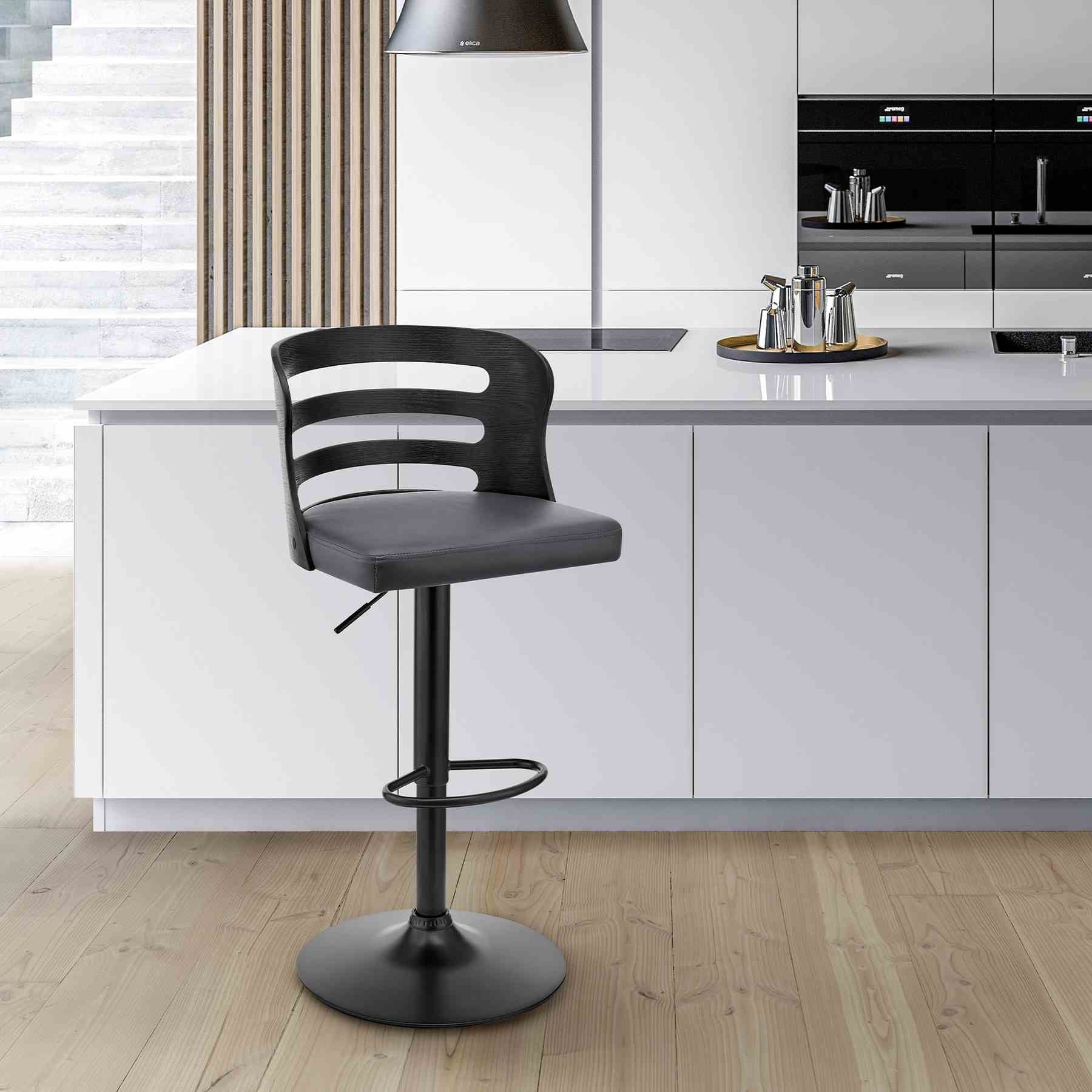 Khalia Adjustable Swivel Gray Faux Leather and Black Wood Bar Stool with Black Base - Image 10