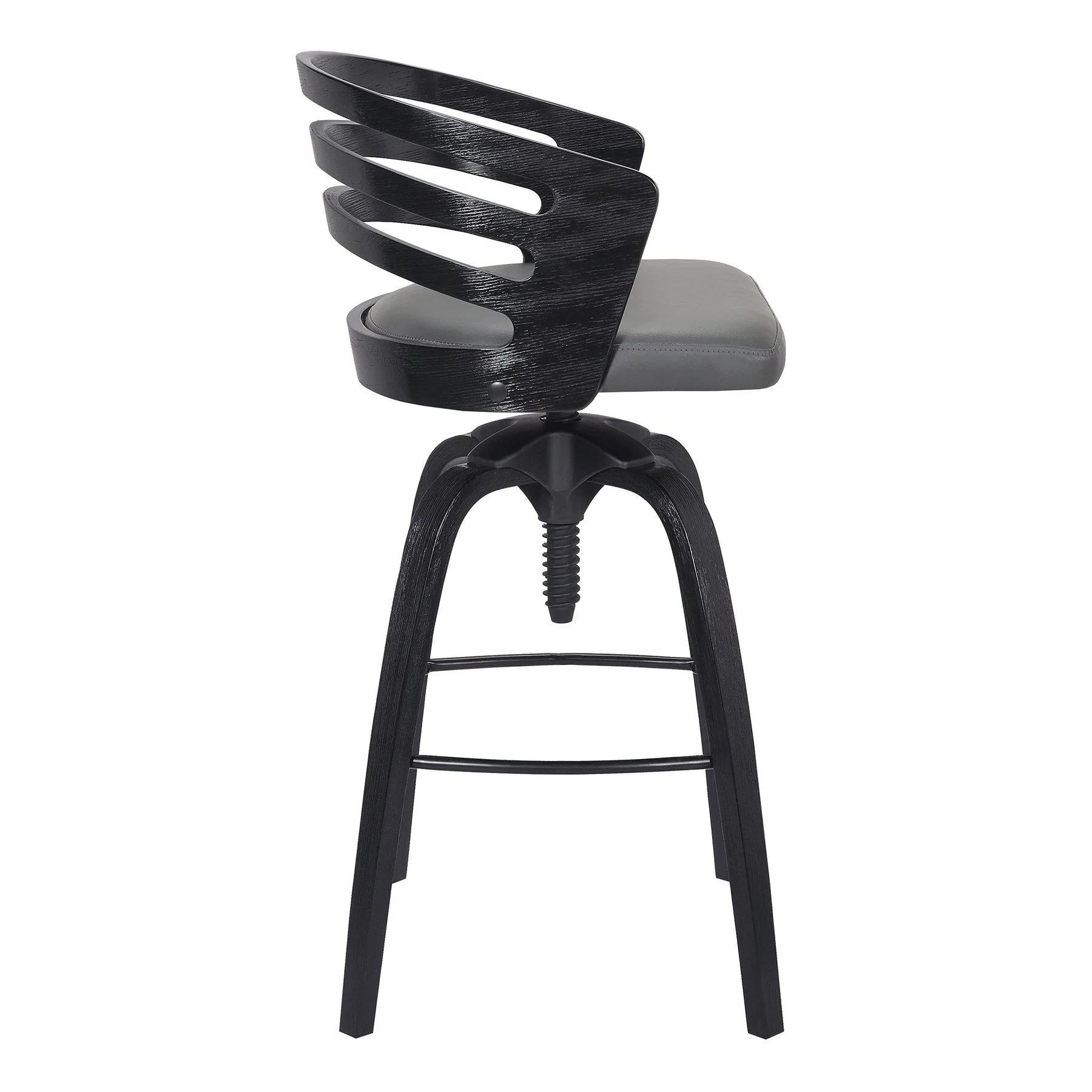 Kiara Contemporary Adjustable Barstool in Black Brushed Wood Finish and Gray Faux Leather - Image 3