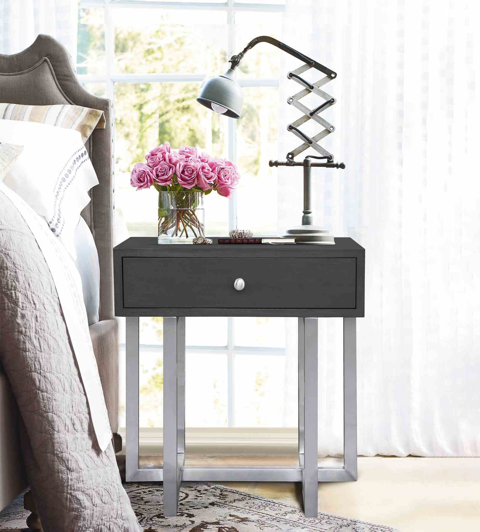 Knight Contemporary Lamp Table in Brushed Stainless Steel Finish with Gray Top - Image 2