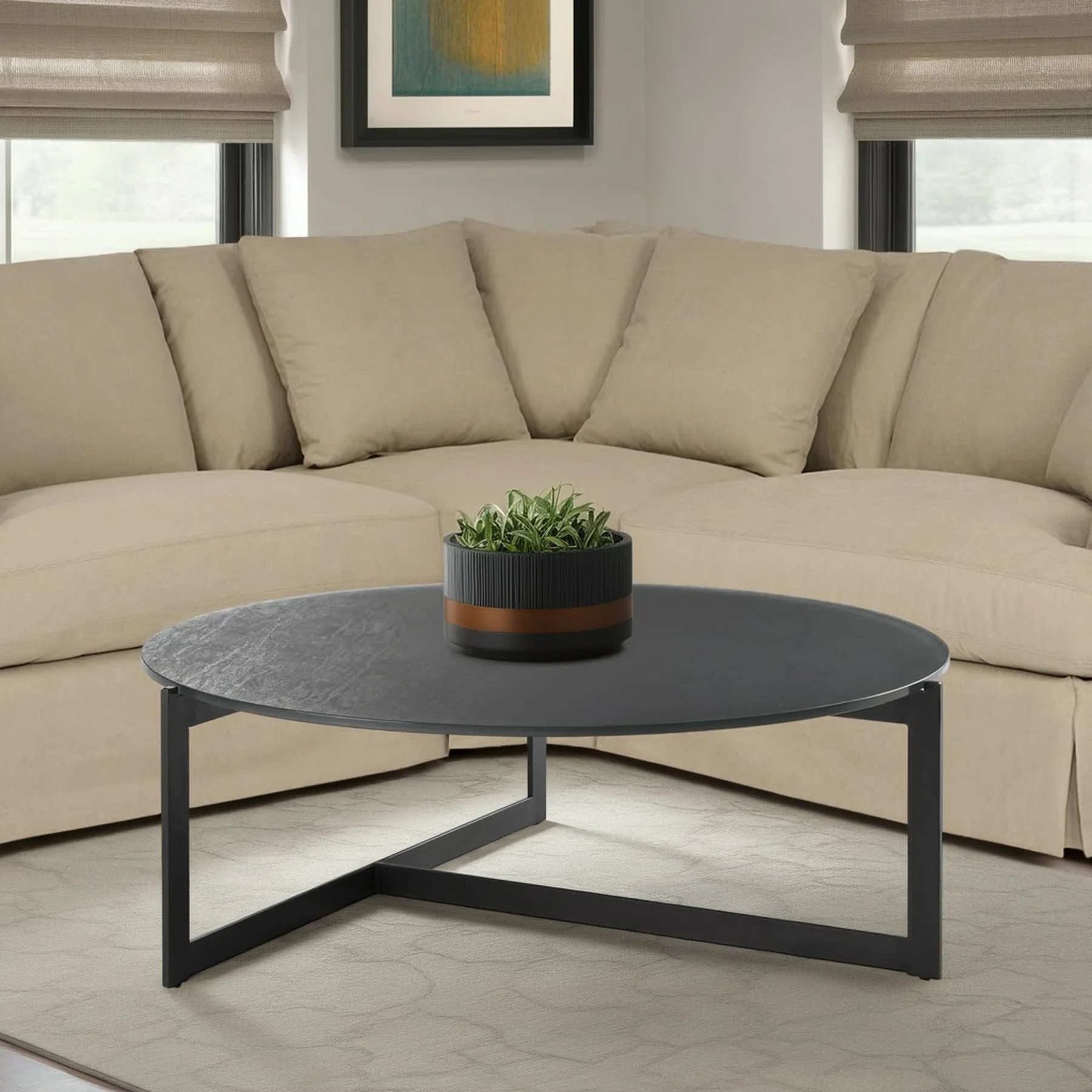 Krike Modern Industrial 40 in. Round Gray Coffee Table with Tempered Glass Top - Image 10
