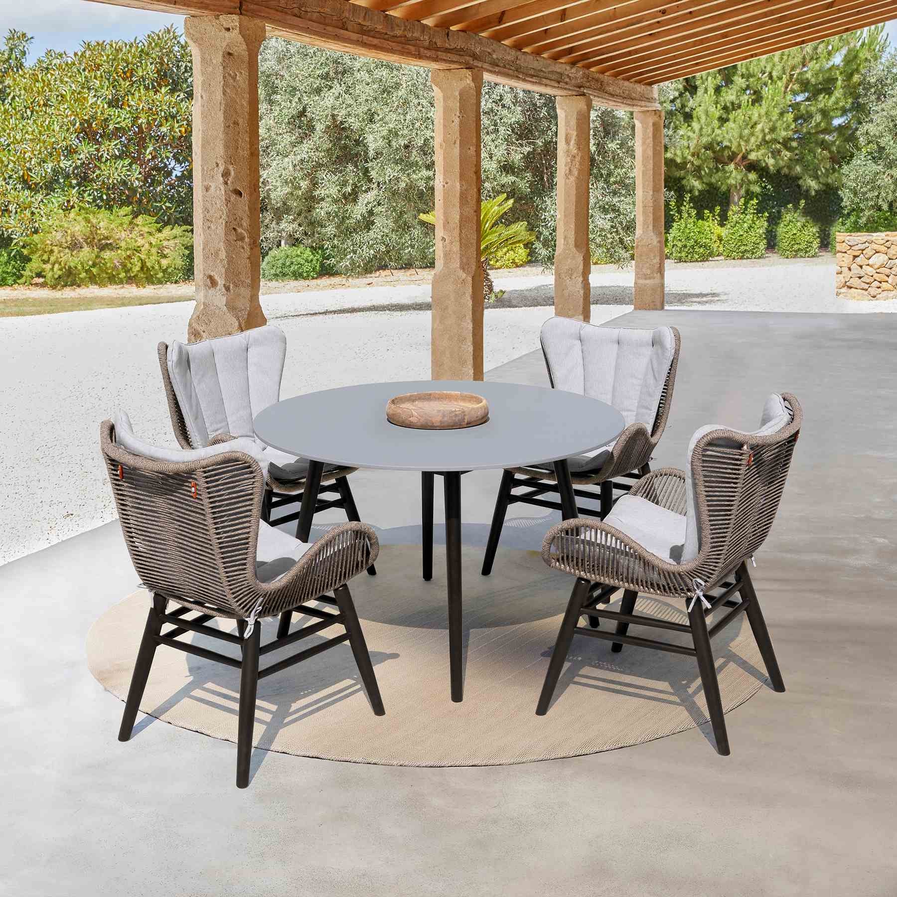 Kylie and Mateo 5 Piece Outdoor Patio Dining Set in Dark Eucalyptus Wood with Truffle Rope and Gray Cushions - Image 13
