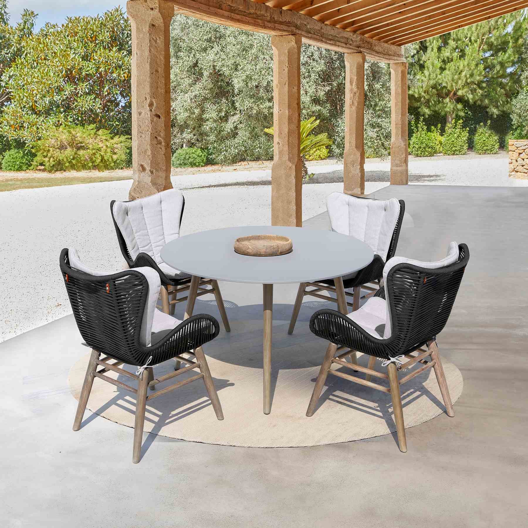 Kylie and Mateo 5 Piece Outdoor Patio Dining Set in Light Eucalyptus Wood with Charcoal Rope and Gray Cushions - Image 13
