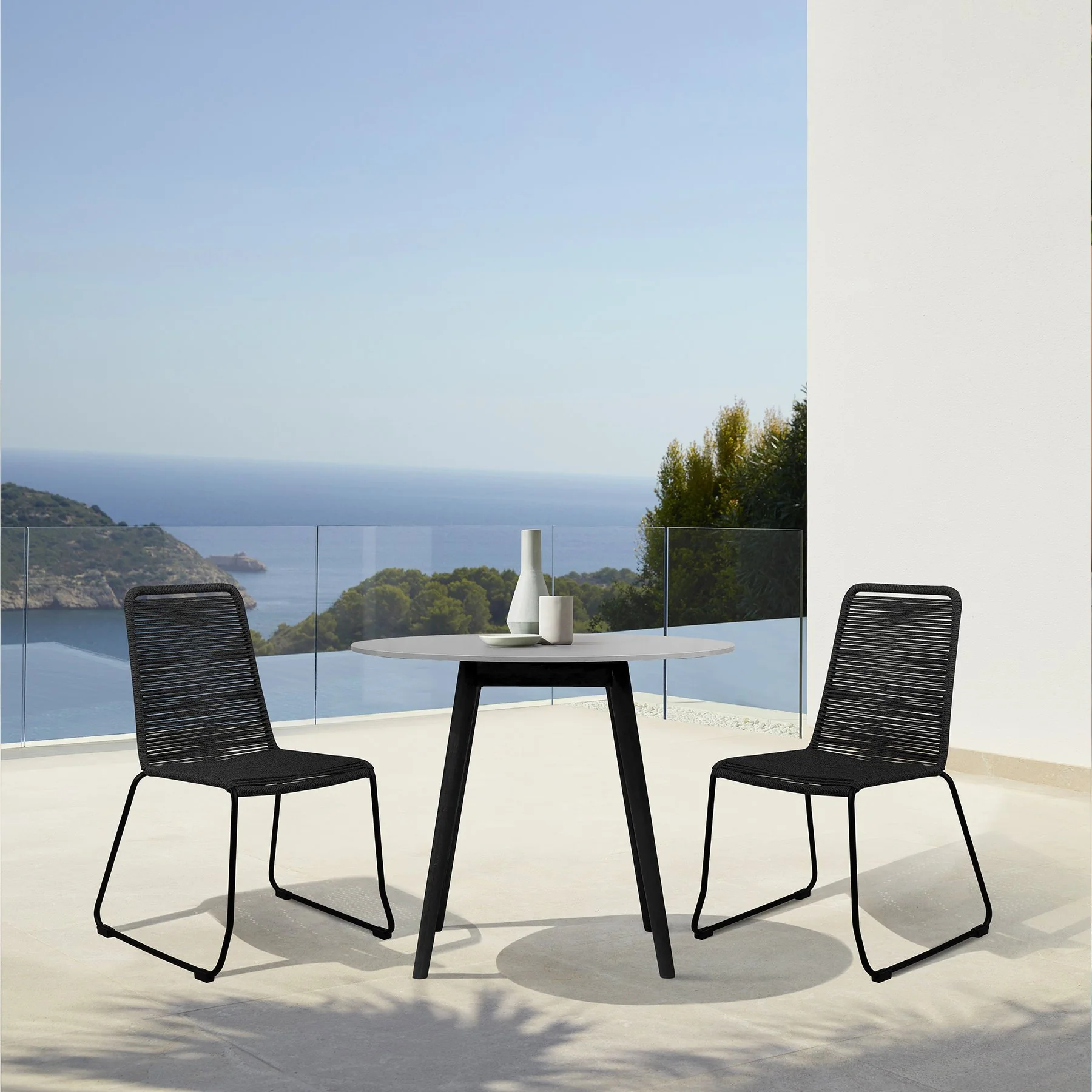 Kylie and Shasta 3 Piece Outdoor Patio 36" Dining Set in Black Eucalyptus Wood and Black Rope - Image 14