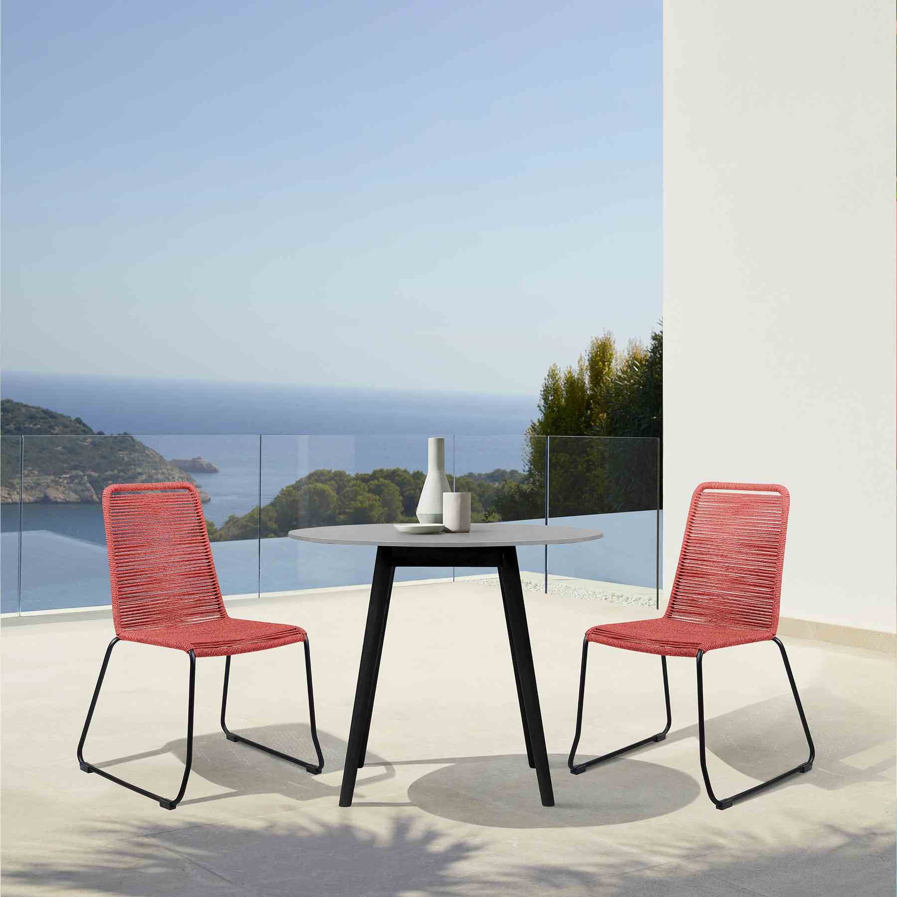 Kylie and Shasta 3 Piece Outdoor Patio 36" Dining Set in Black Eucalyptus Wood and Brick Red Rope - Image 14