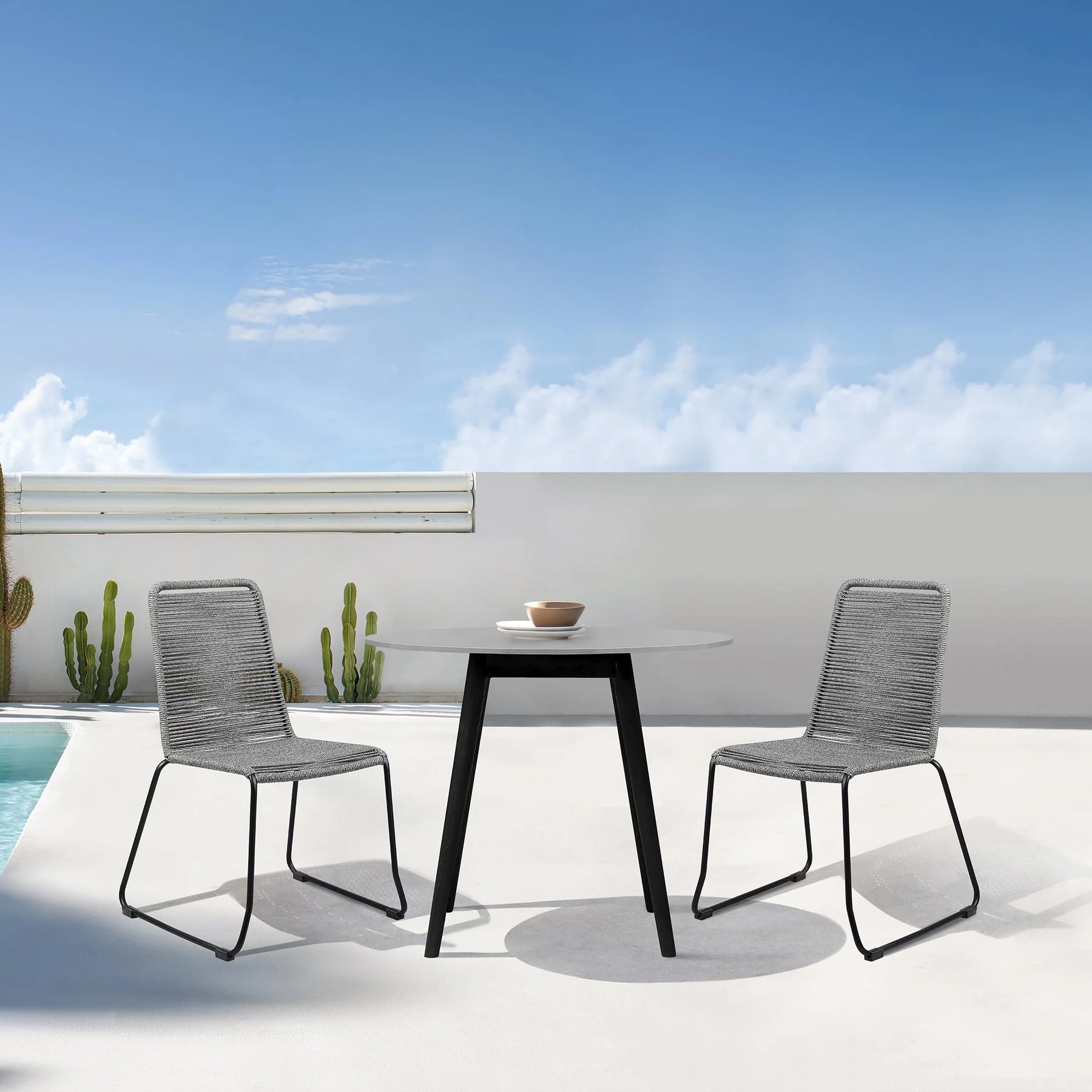 Kylie and Shasta 3 Piece Outdoor Patio 36" Dining Set in Black Eucalyptus Wood and Gray Rope - Image 14