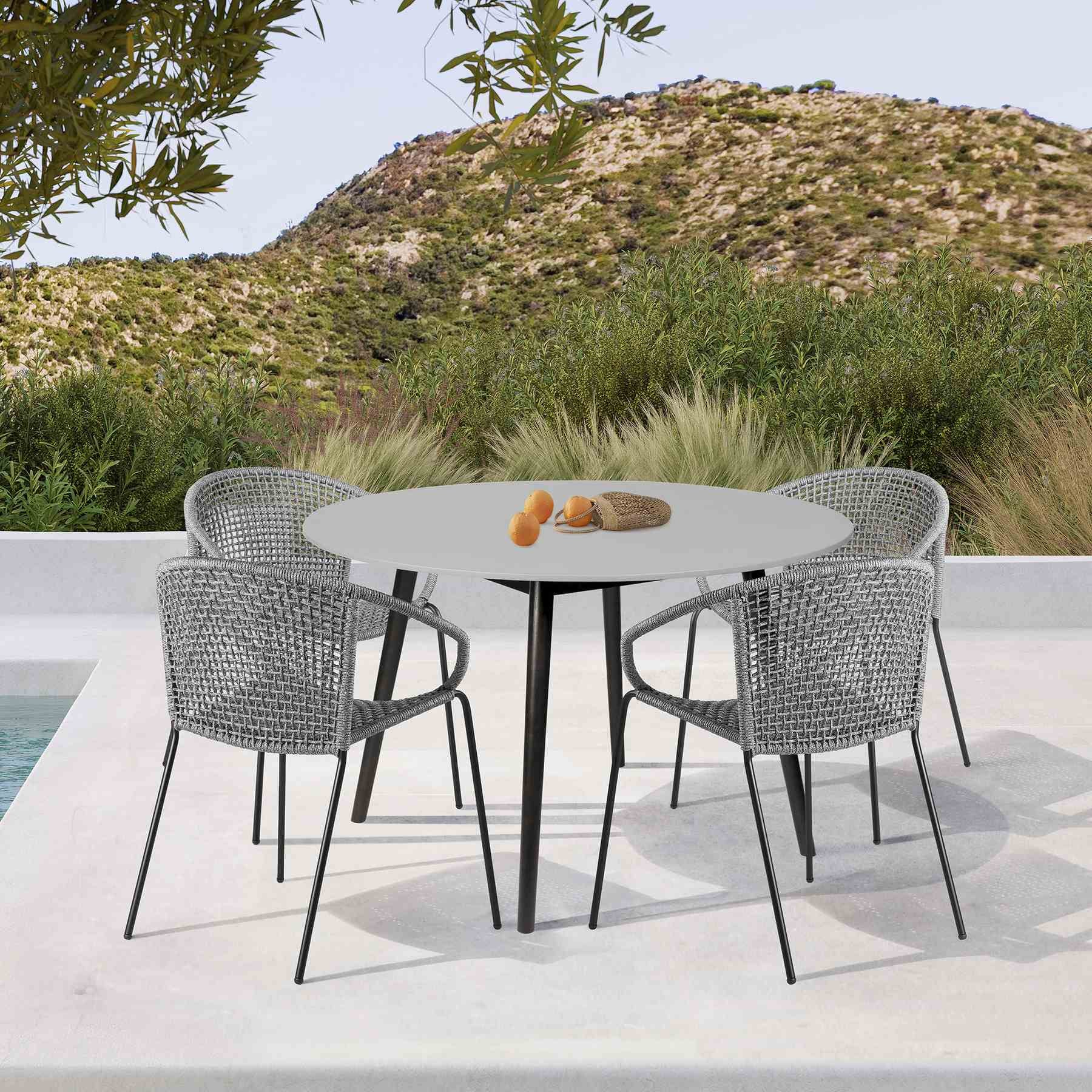 Kylie Outdoor Patio Round Dining Table in Black Eucalyptus and Gray Stone - Image 10