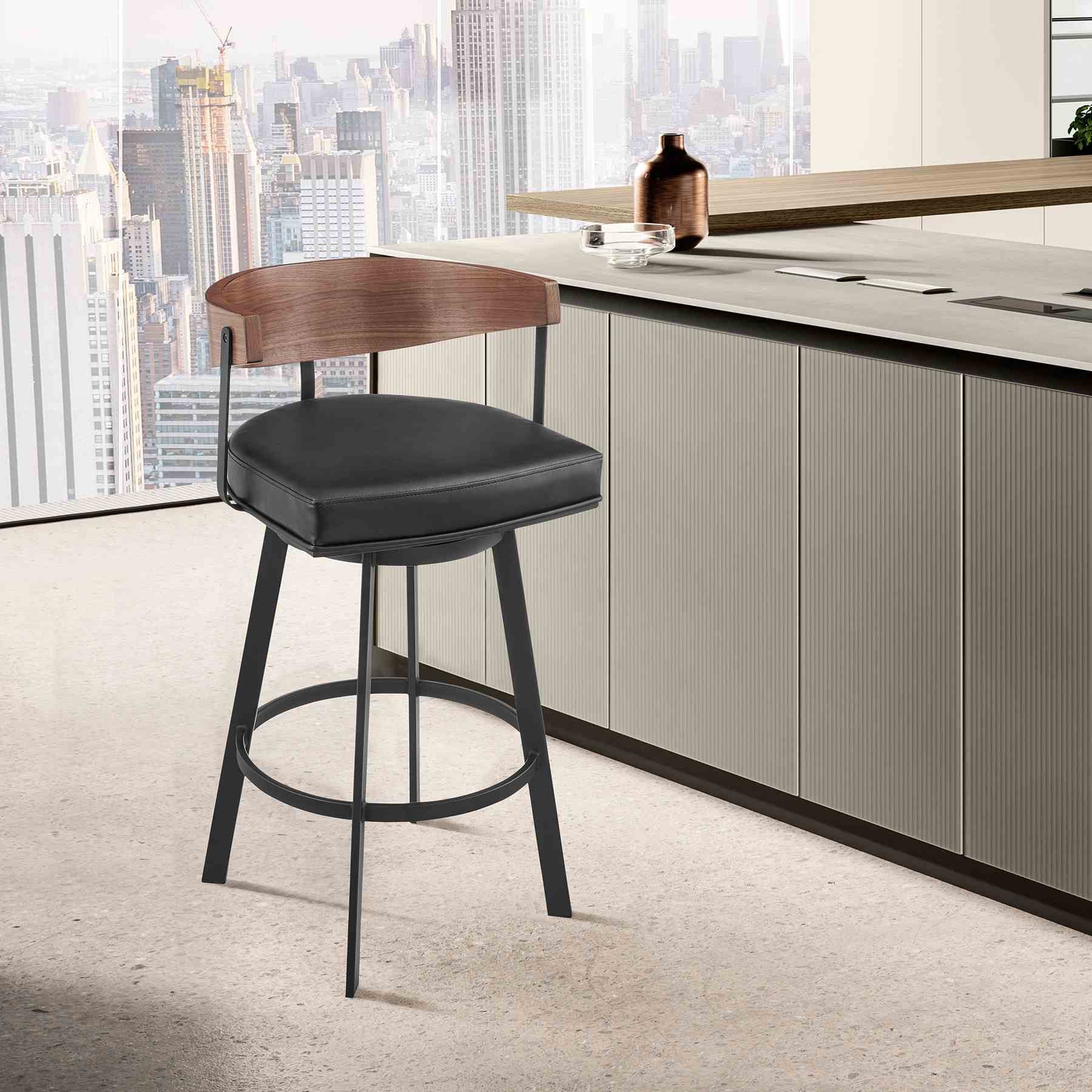 Lacey 26" Swivel Counter Stool in Black Iron with Walnut Finish and Vintage Black Faux Leather - Image 10
