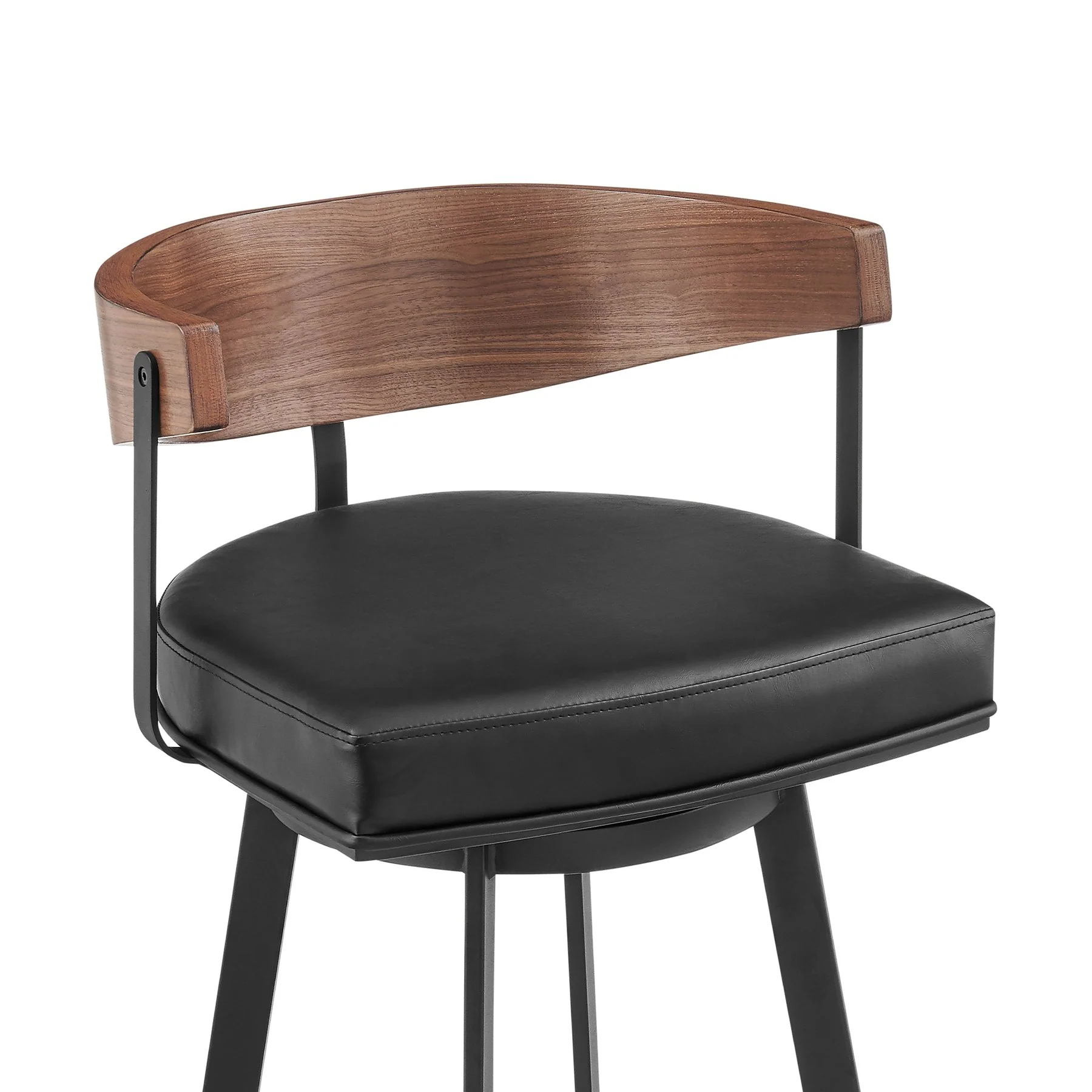 Lacey 26" Swivel Counter Stool in Black Iron with Walnut Finish and Vintage Black Faux Leather - Image 4