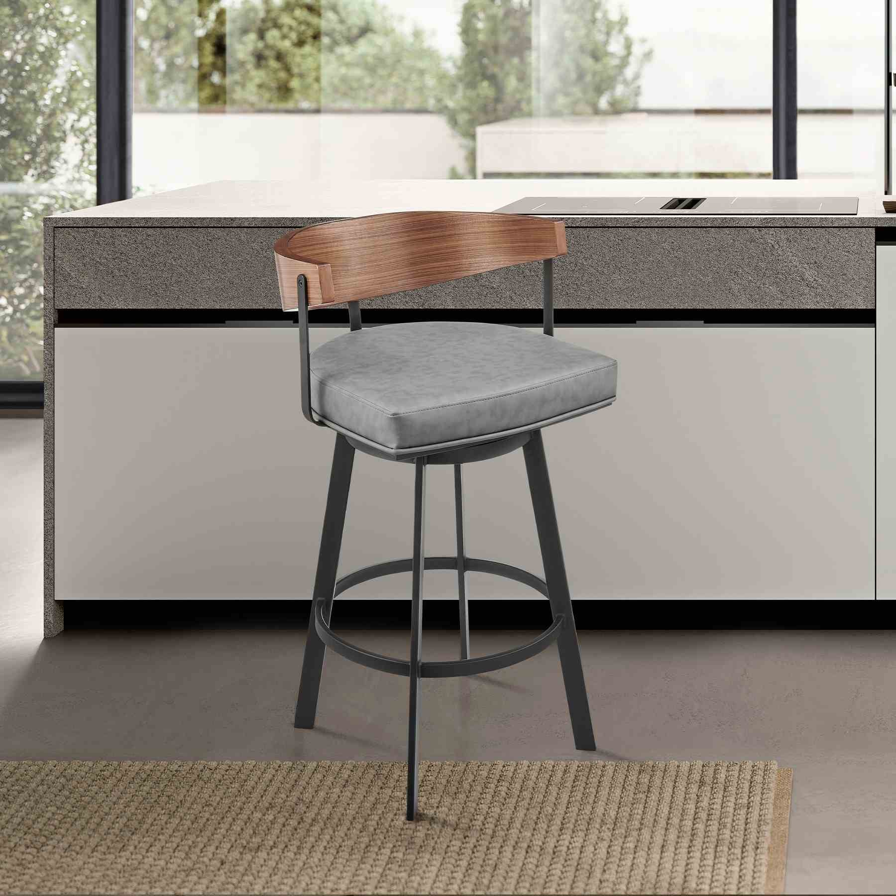 Lacey 26" Swivel Counter Stool in Black Iron with Walnut Finish and Vintage Gray Faux Leather - Image 10