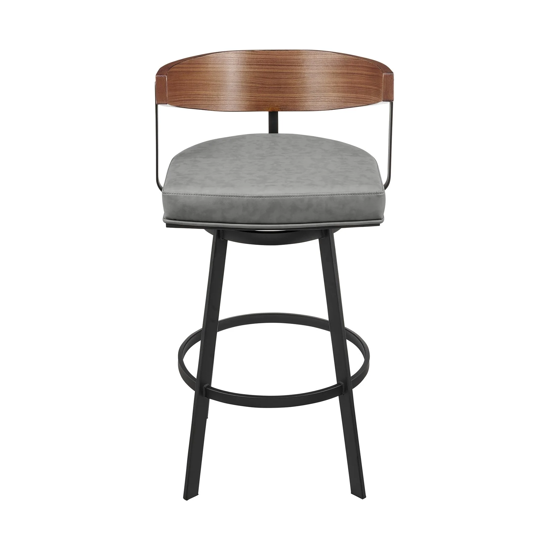 Lacey 26" Swivel Counter Stool in Black Iron with Walnut Finish and Vintage Gray Faux Leather - Image 2