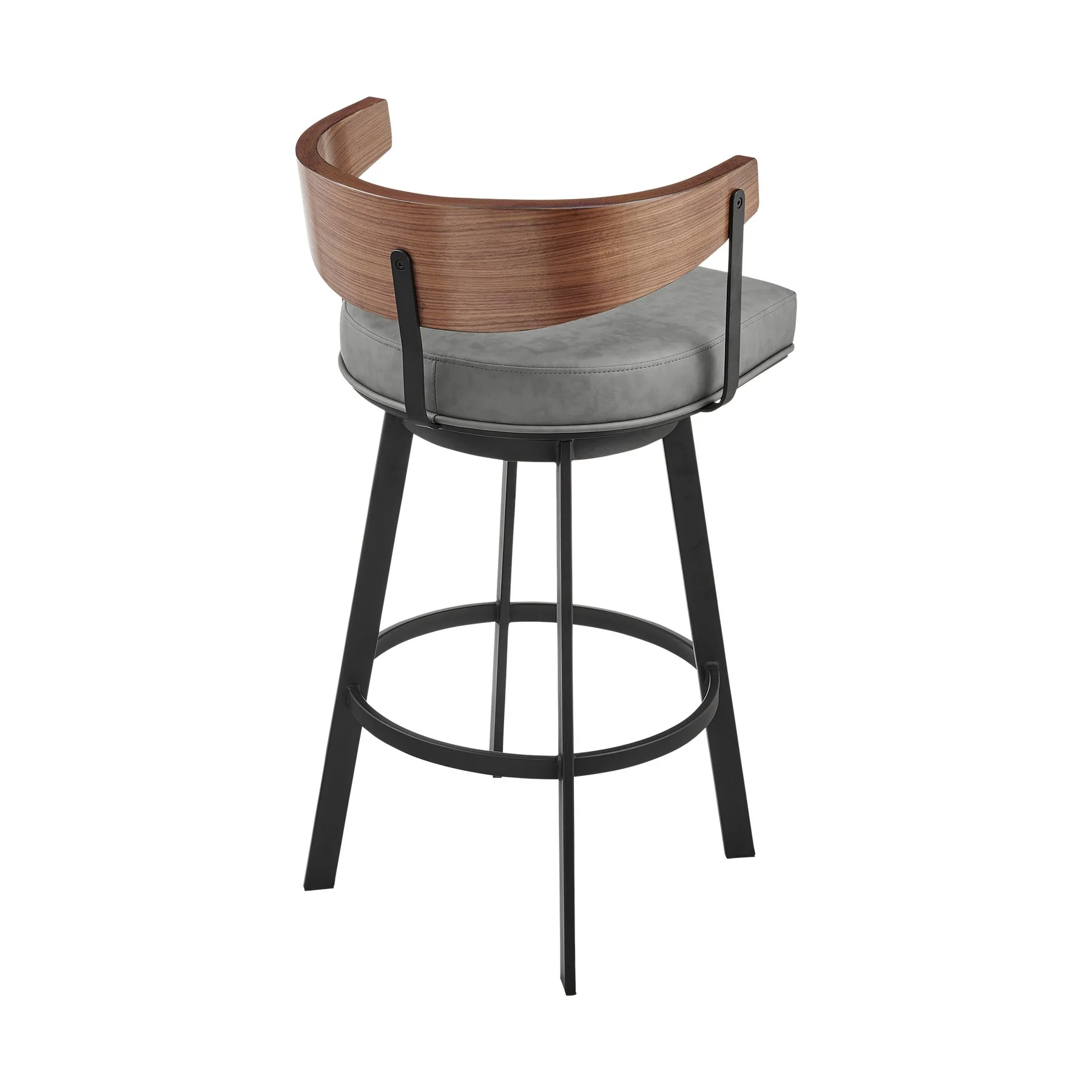 Lacey 26" Swivel Counter Stool in Black Iron with Walnut Finish and Vintage Gray Faux Leather - Image 3
