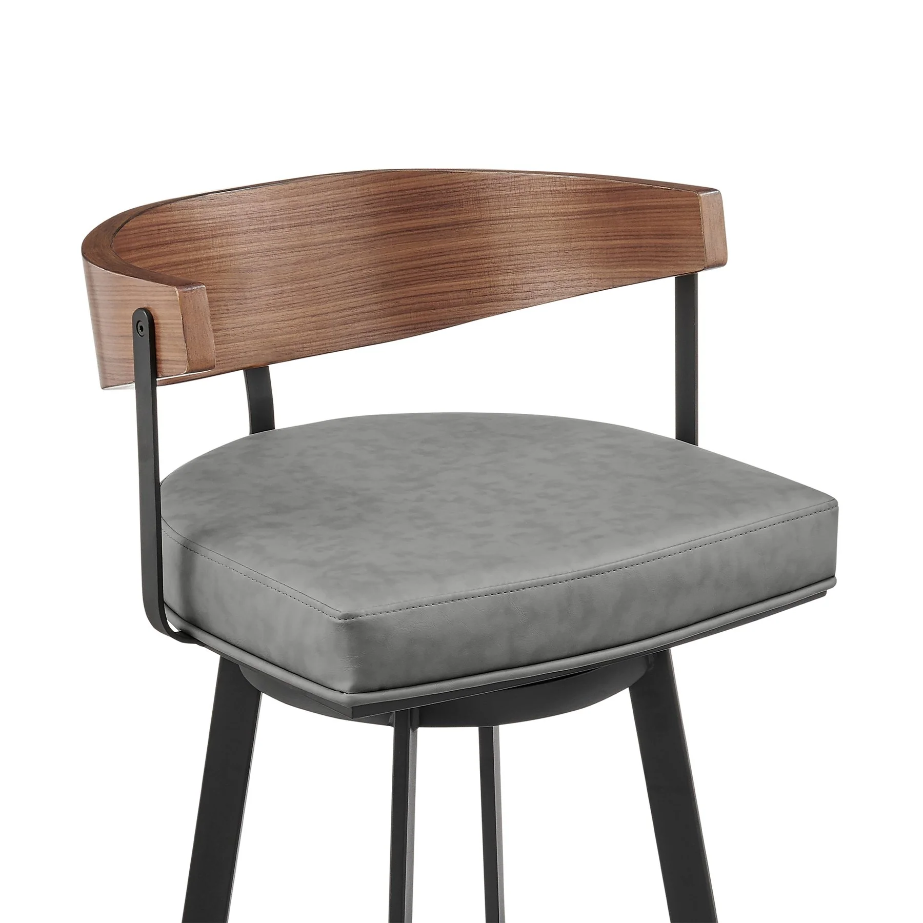 Lacey 26" Swivel Counter Stool in Black Iron with Walnut Finish and Vintage Gray Faux Leather - Image 4