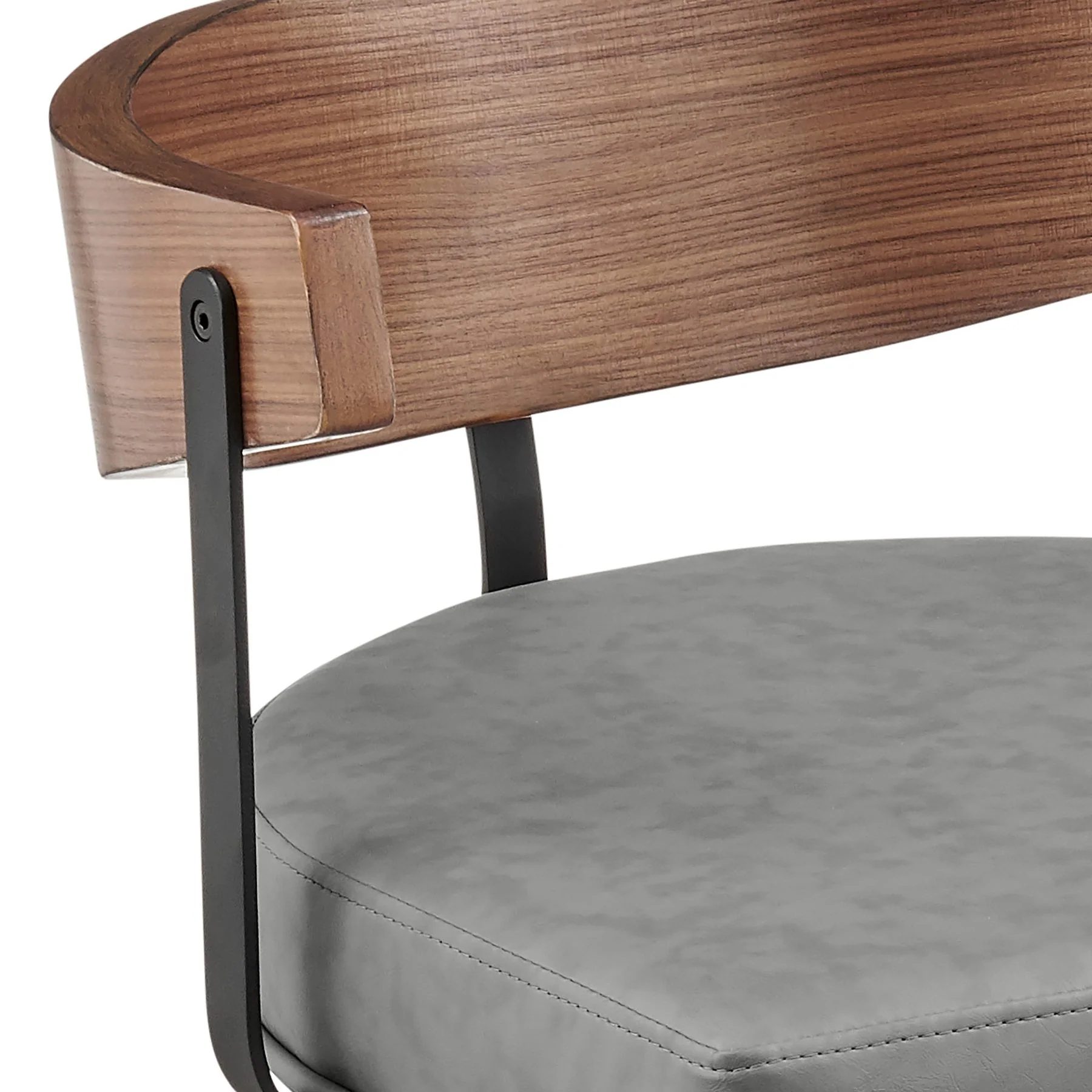 Lacey 26" Swivel Counter Stool in Black Iron with Walnut Finish and Vintage Gray Faux Leather - Image 6