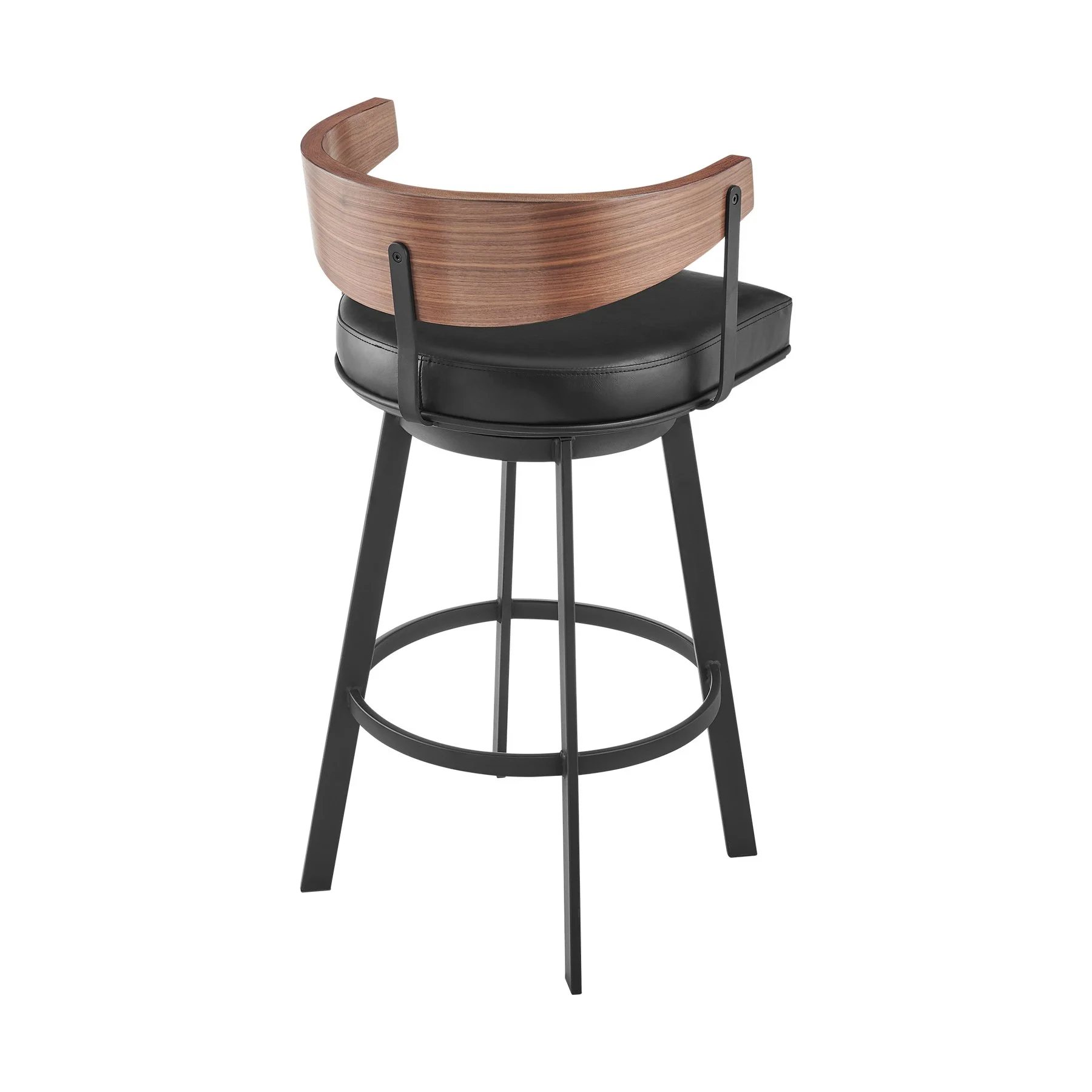 Lacey 30" Swivel Bar Stool in Black Iron with Walnut Finish and Vintage Black Faux Leather - Image 3