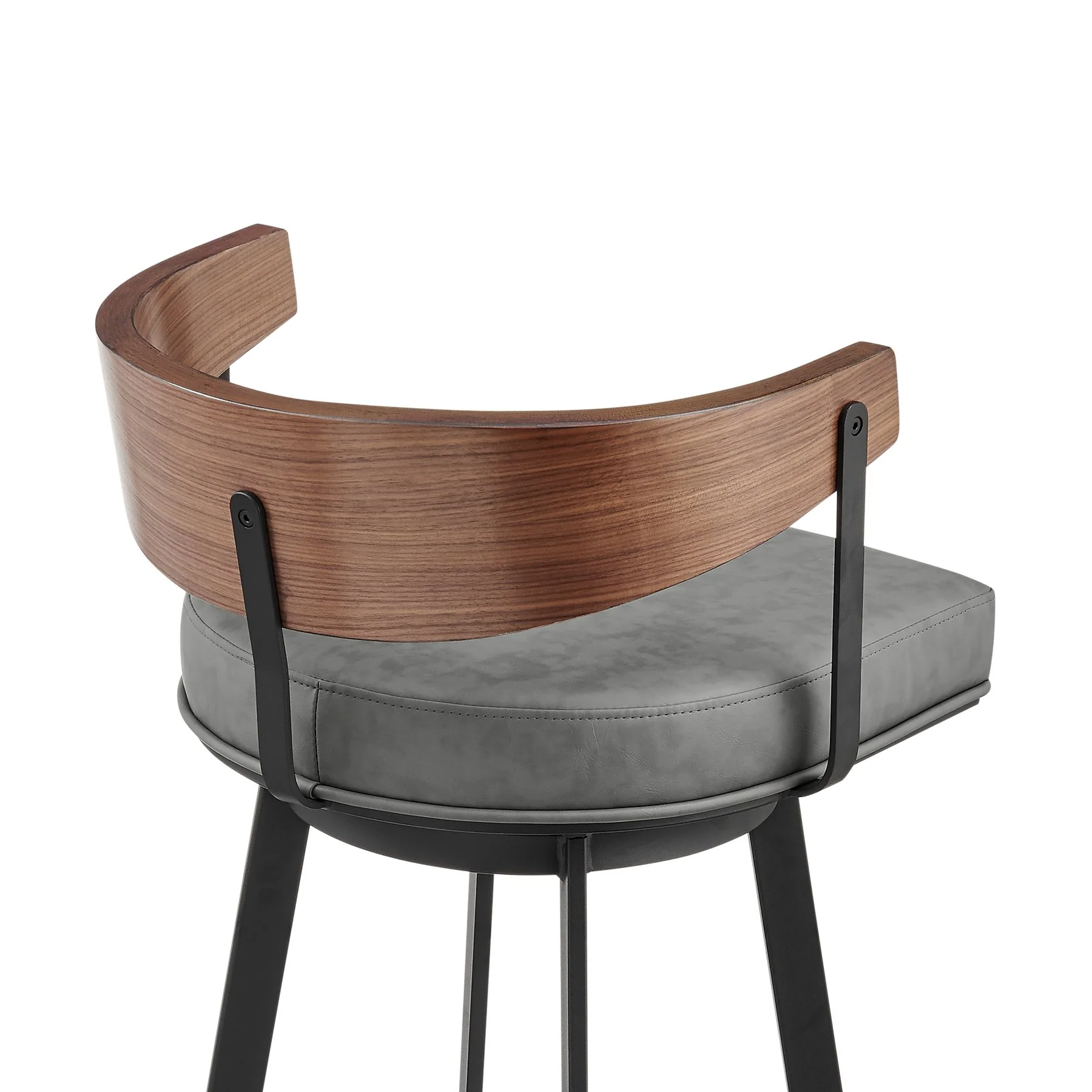 Lacey 30" Swivel Bar Stool in Black Iron with Walnut Finish and Vintage Gray Faux Leather - Image 5