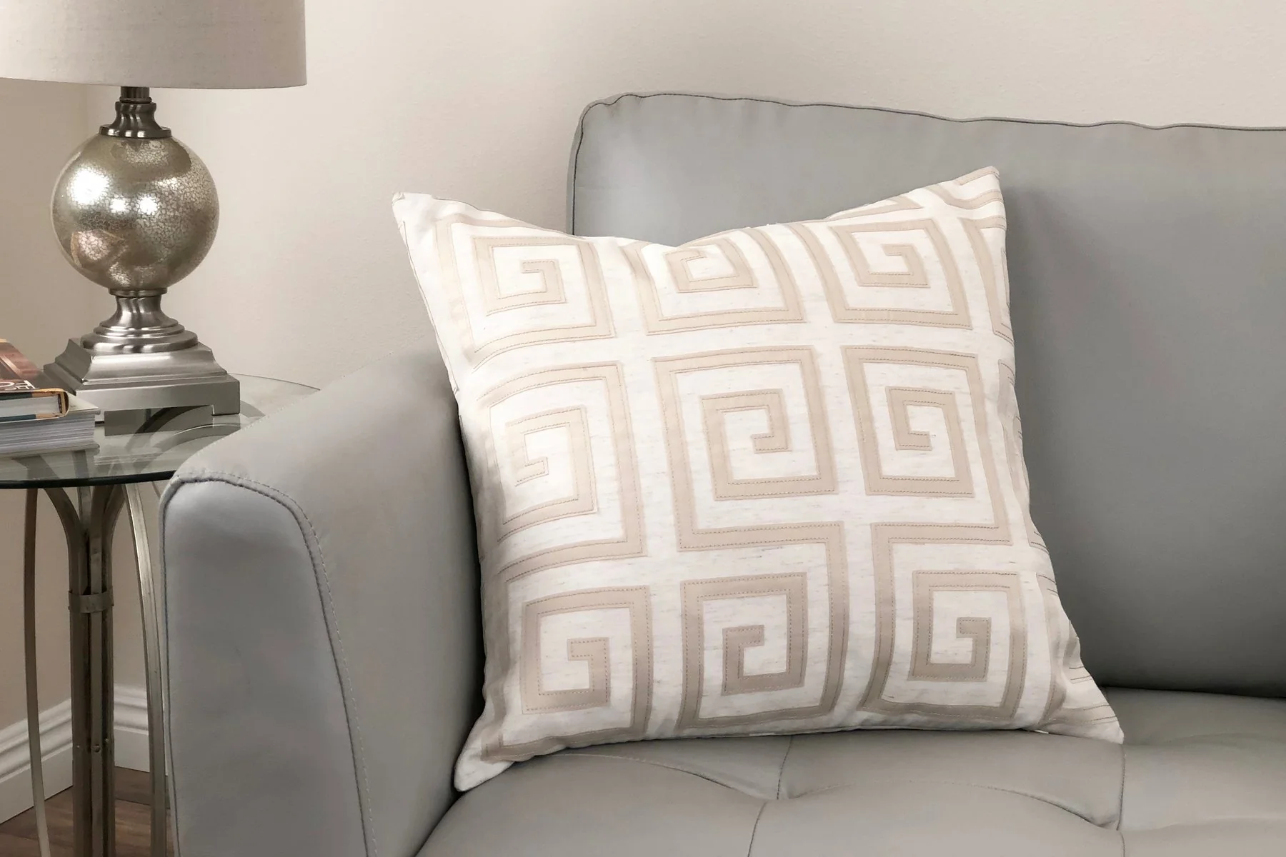 Laguna Contemporary Decorative Feather and Down Throw Pillow In Beige Applique Embroidery Fabric - Image 2