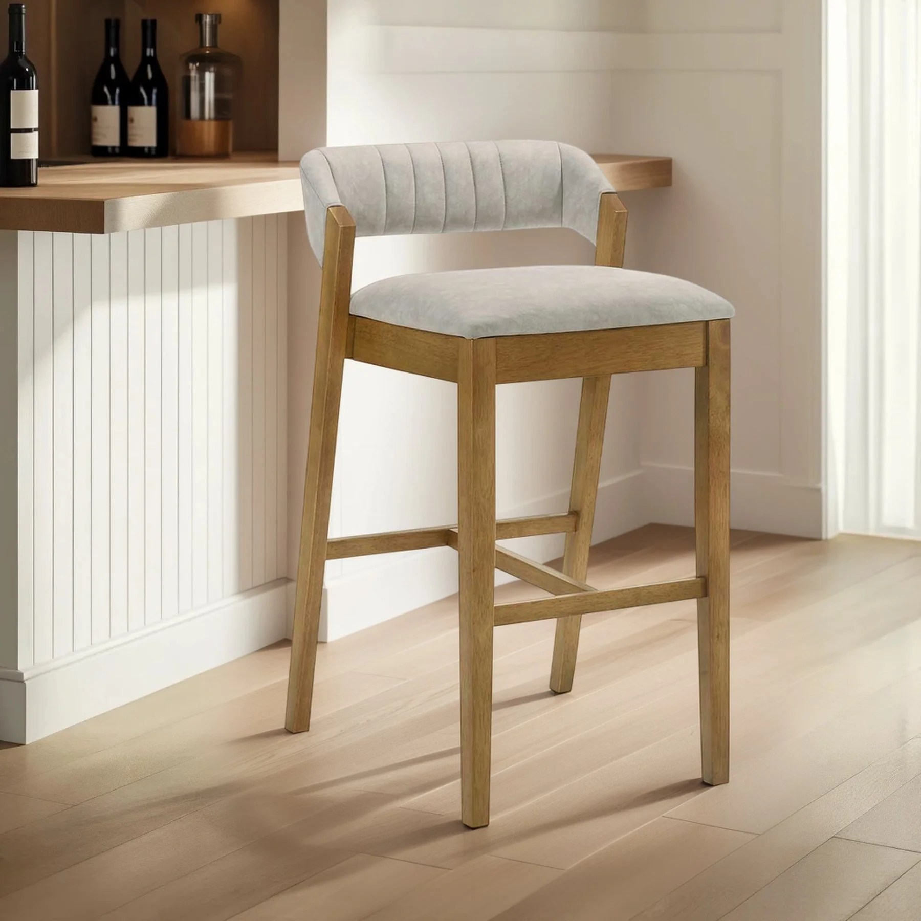 Landyn 30 in. Amber Glow Bar Height Rubberwood Barstool with Grey Grey Fabric Seat - Image 9