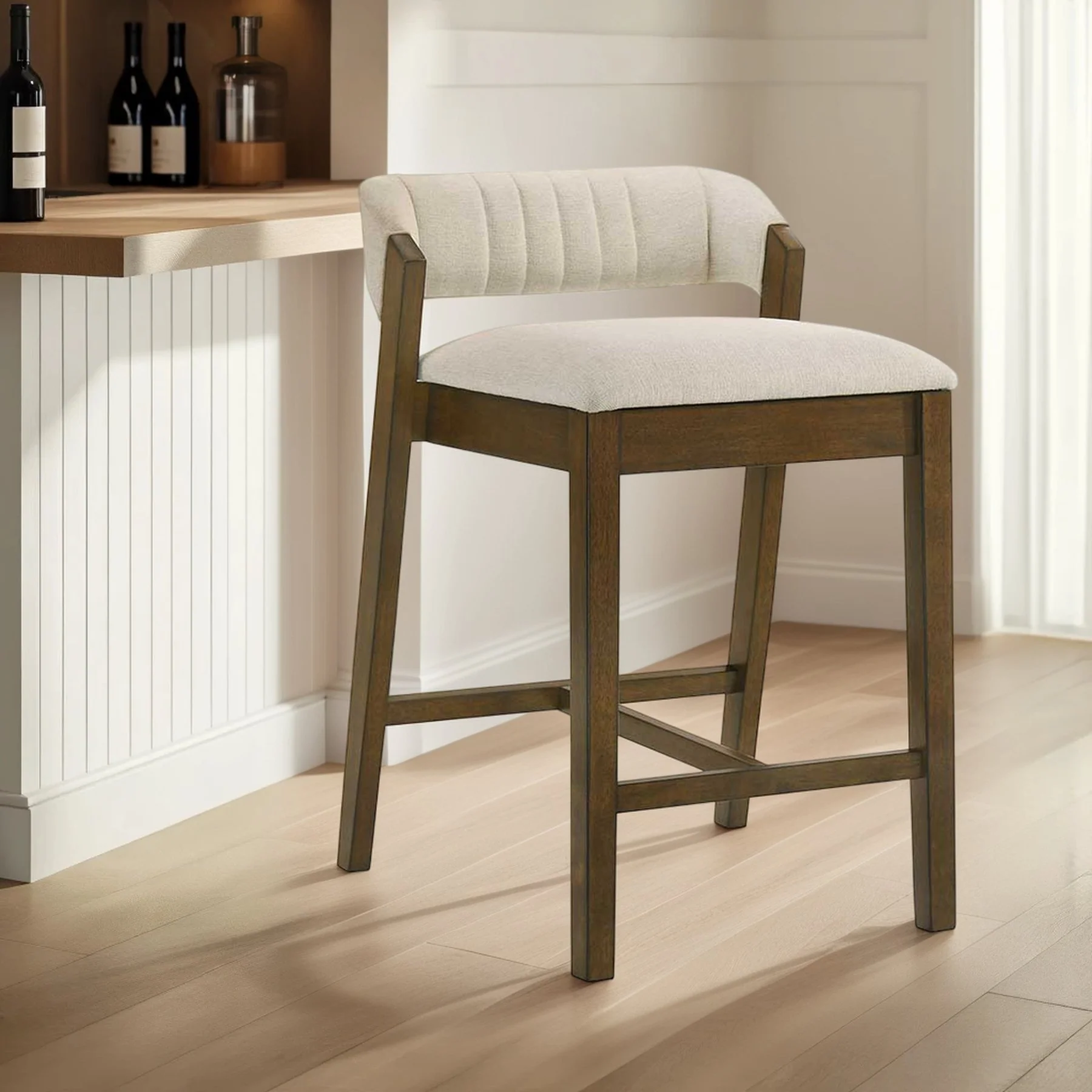 Landyn 30 in. Sepia Brown Bar Height Rubberwood Barstool with Ecru Fabric Seat - Image 9