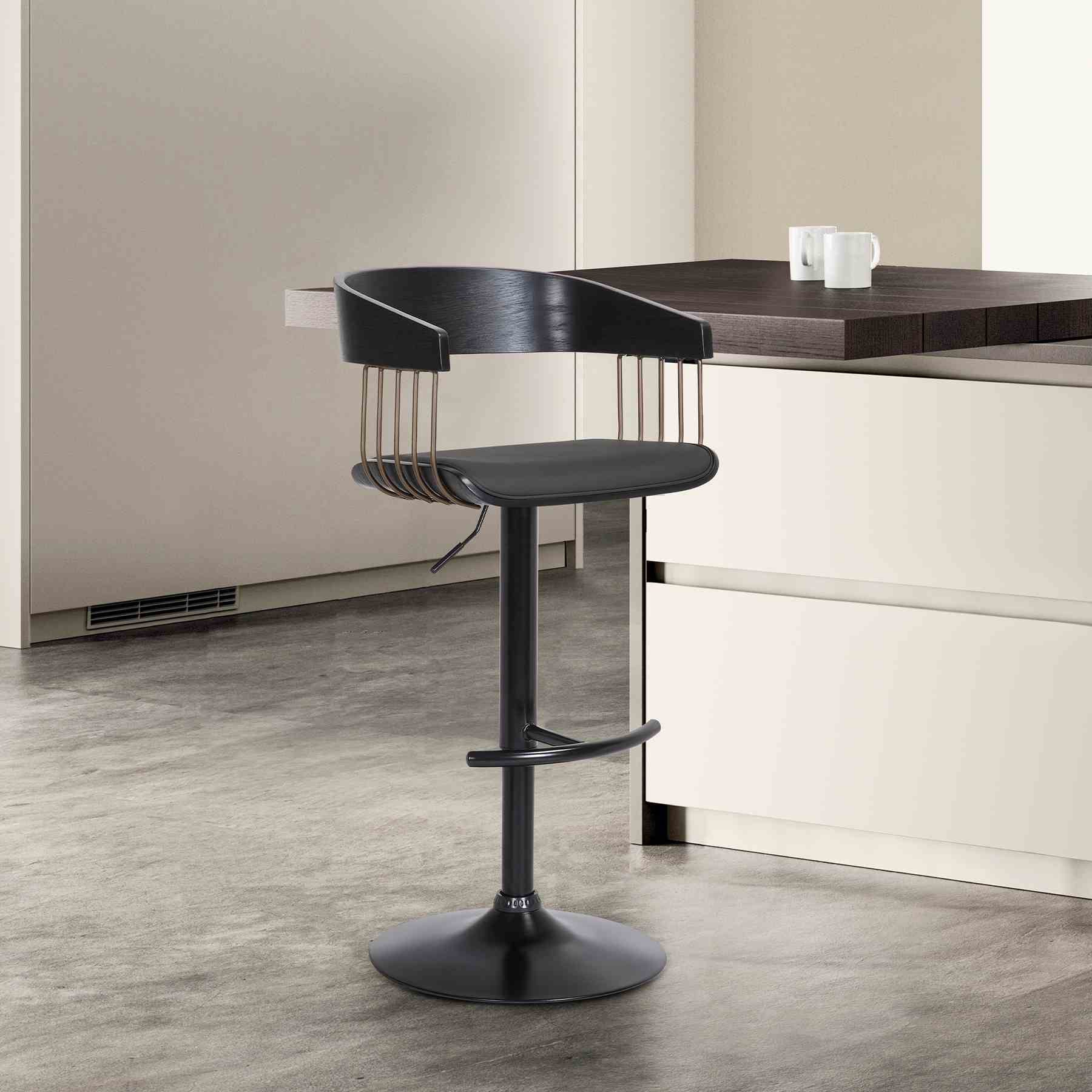 Larisa Adjustable Black Wood Bar Stool in Black Faux Leather with Golden Bronze and Black Metal - Image 10