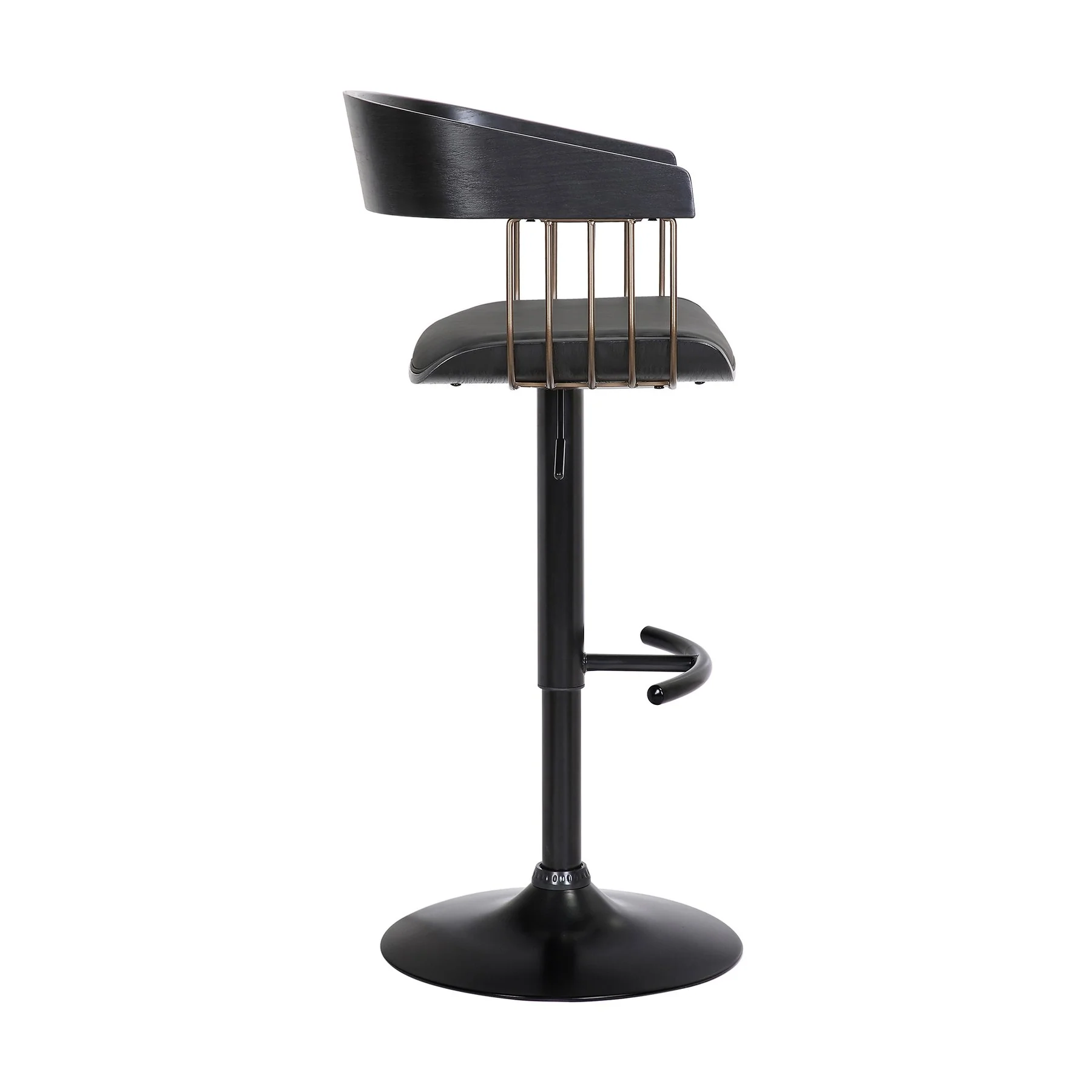 Larisa Adjustable Black Wood Bar Stool in Black Faux Leather with Golden Bronze and Black Metal - Image 3