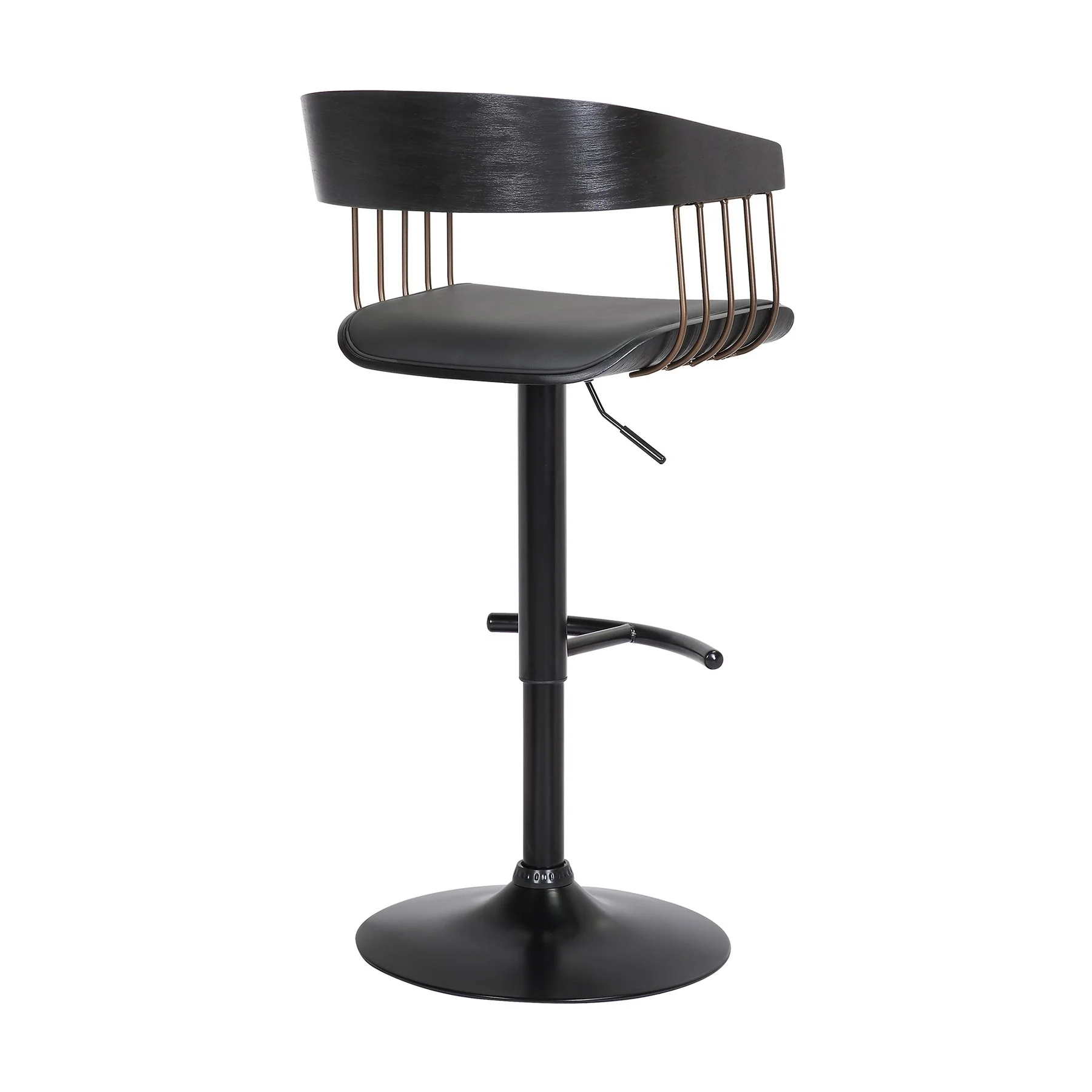 Larisa Adjustable Black Wood Bar Stool in Black Faux Leather with Golden Bronze and Black Metal - Image 4