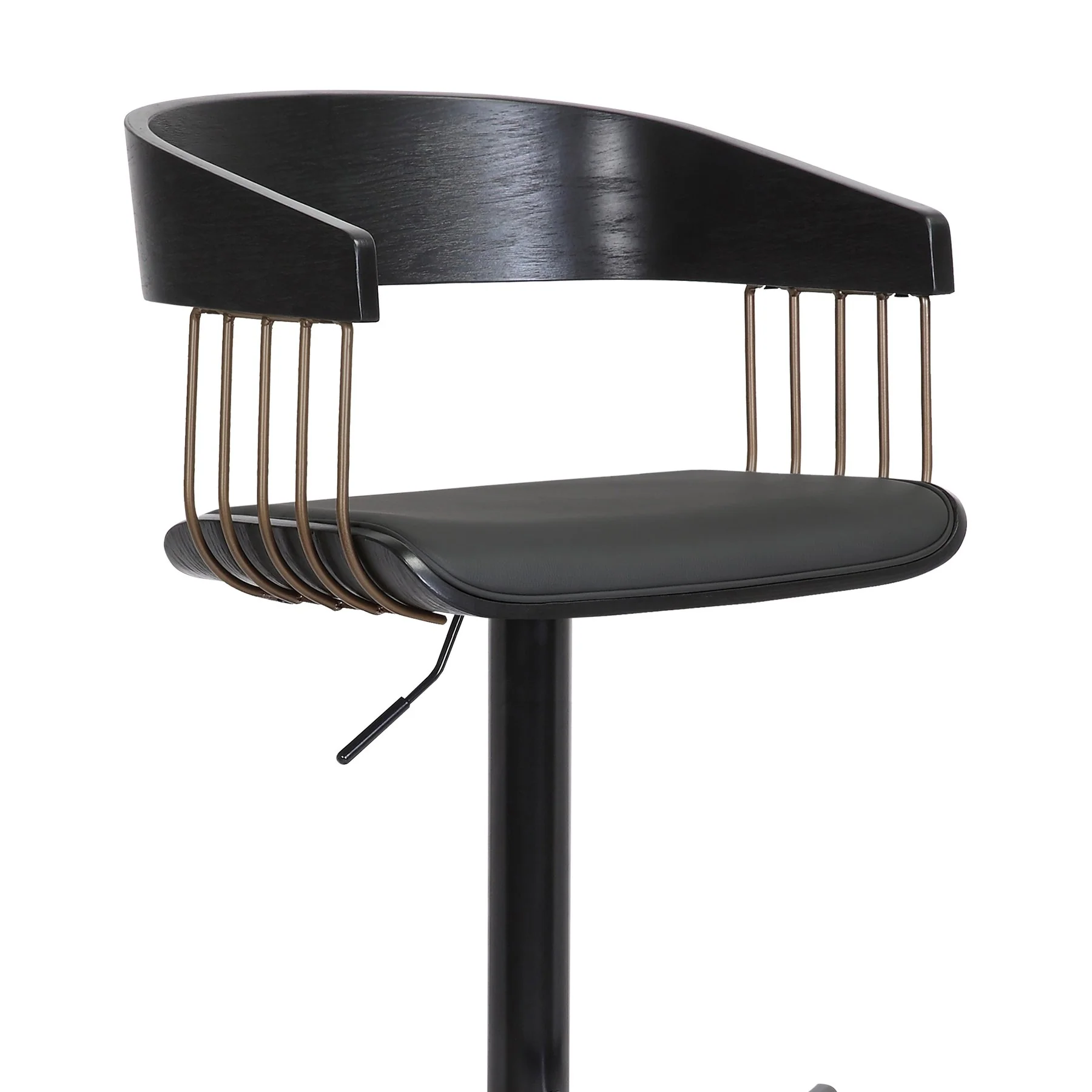 Larisa Adjustable Black Wood Bar Stool in Black Faux Leather with Golden Bronze and Black Metal - Image 6