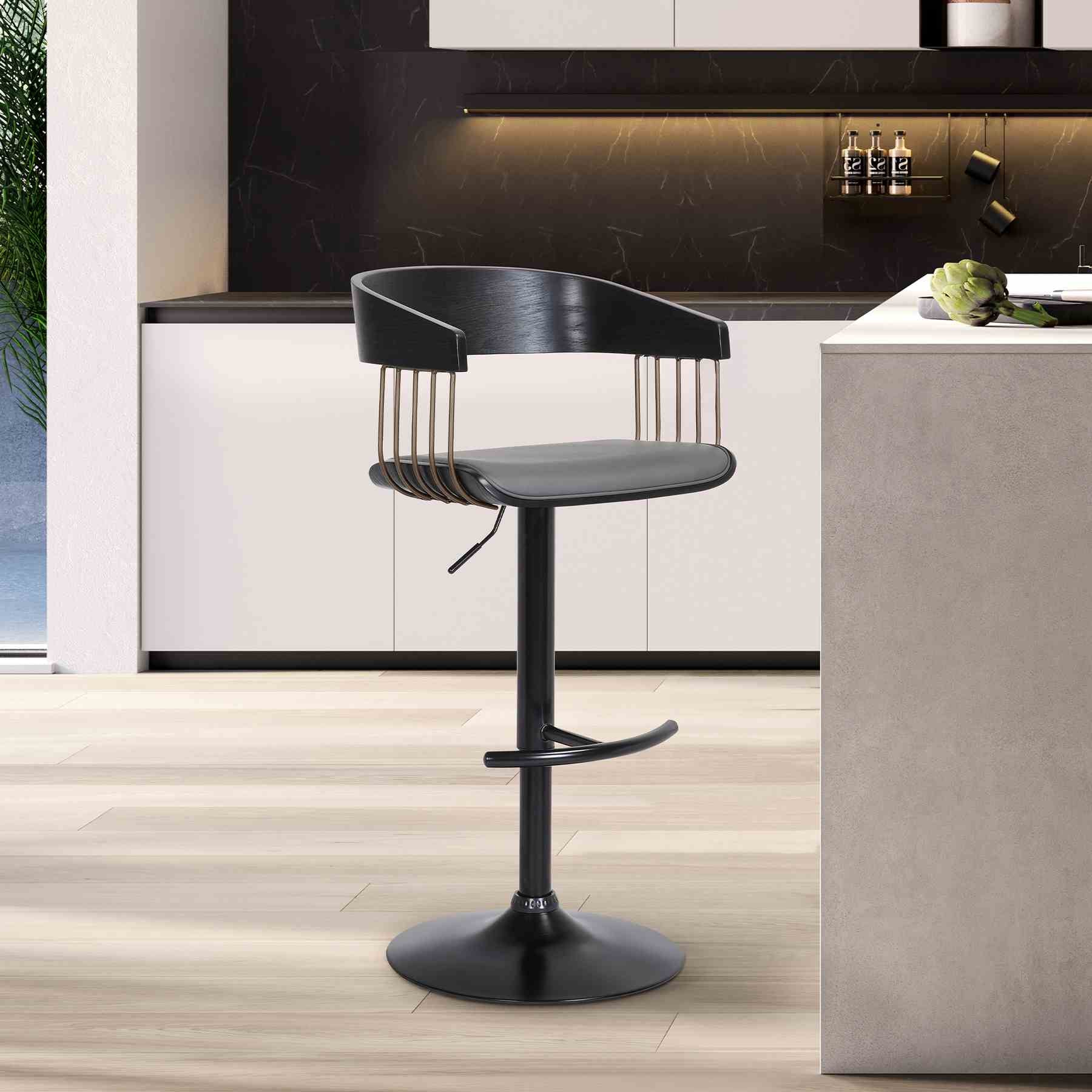 Larisa Adjustable Black Wood Bar Stool in Gray Faux Leather with Golden Bronze and Black Metal - Image 10