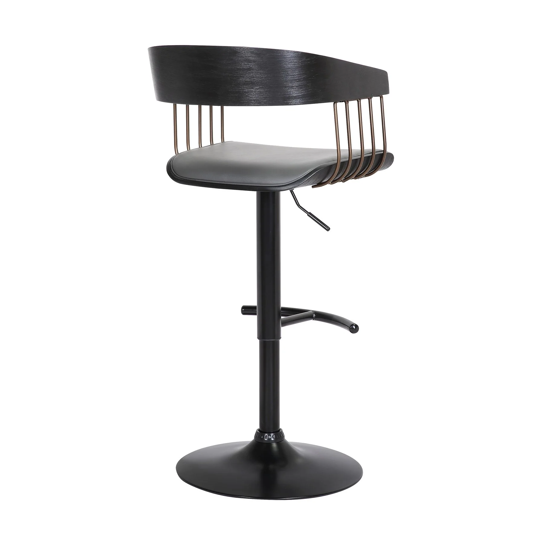 Larisa Adjustable Black Wood Bar Stool in Gray Faux Leather with Golden Bronze and Black Metal - Image 4