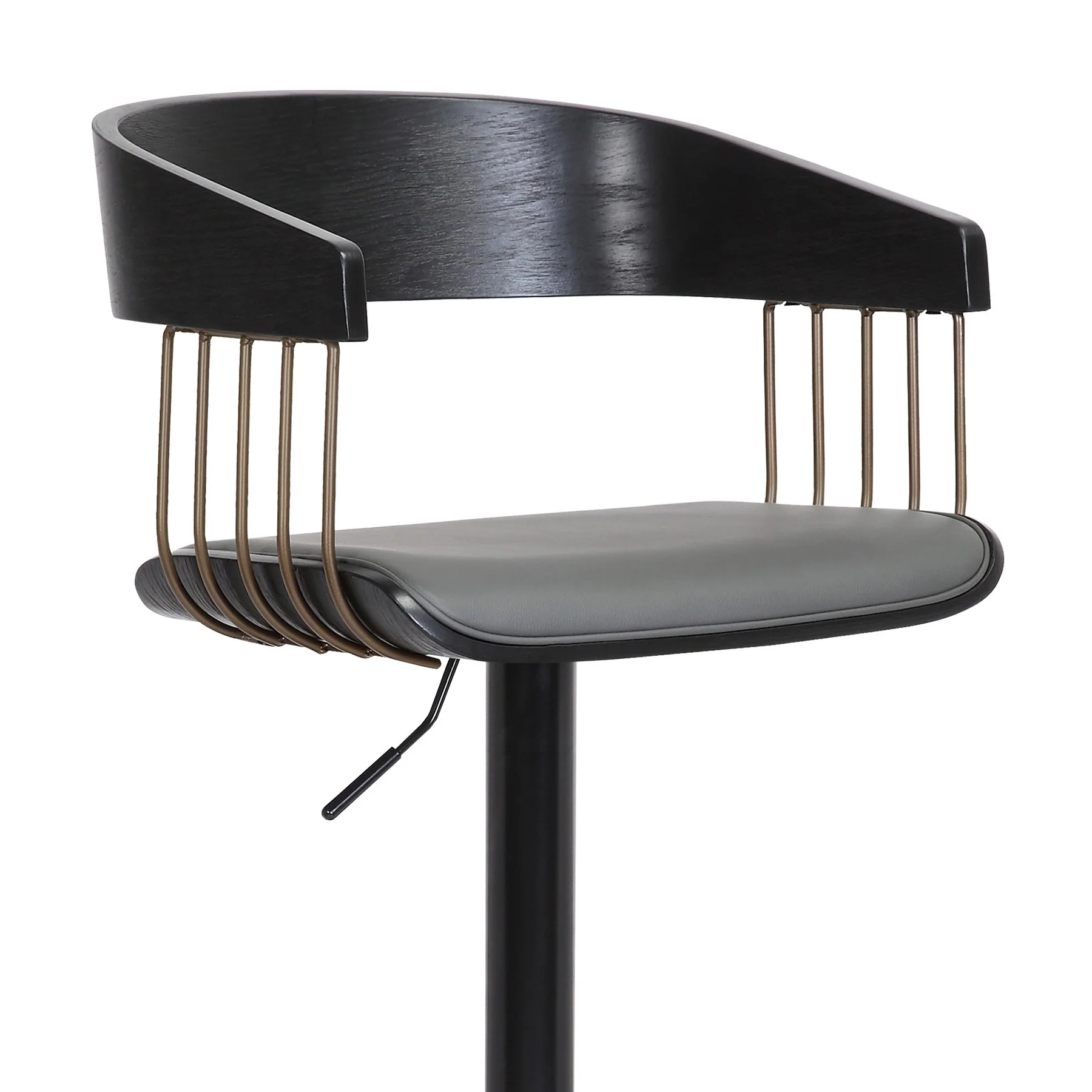 Larisa Adjustable Black Wood Bar Stool in Gray Faux Leather with Golden Bronze and Black Metal - Image 6